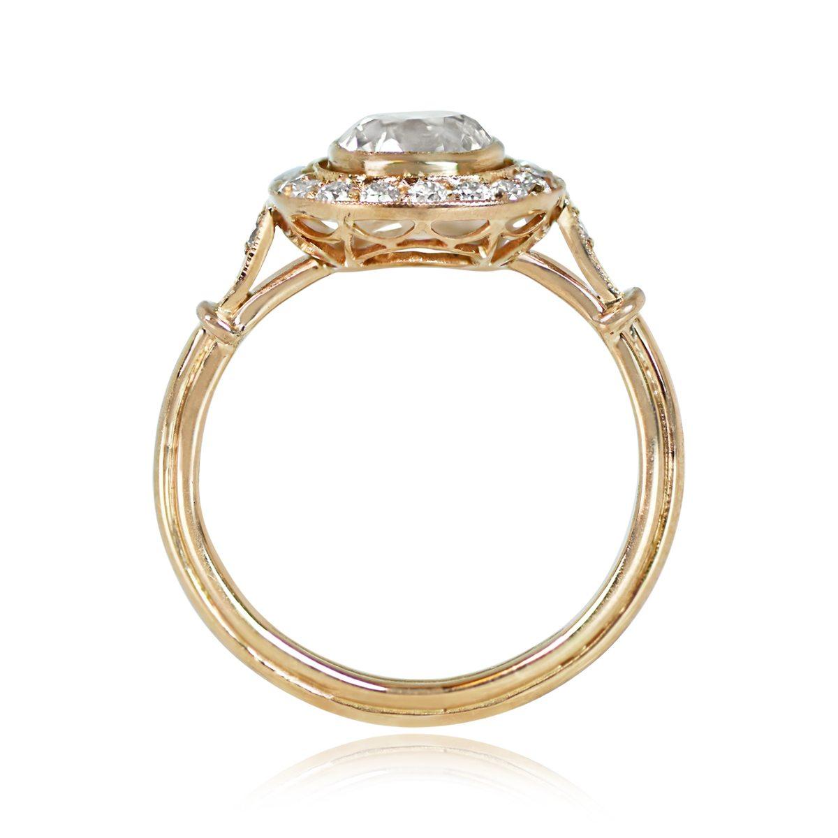 1.16ct Antique Cushion Cut Diamond Engagement Ring, Diamond Halo, 18k YellowGold In Excellent Condition For Sale In New York, NY