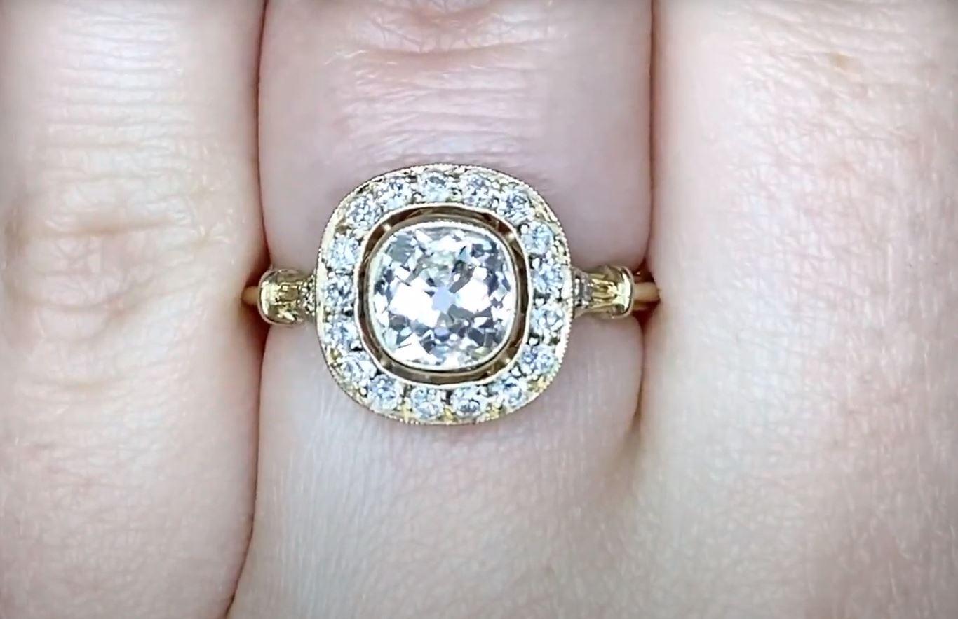Women's 1.16ct Antique Cushion Cut Diamond Engagement Ring, Diamond Halo, 18k YellowGold For Sale