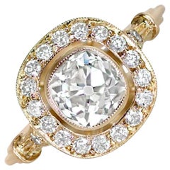 Bague de fiançailles ancienne avec diamant taille coussin de 1,16 carat, halo de diamants, or jaune 18 carats
