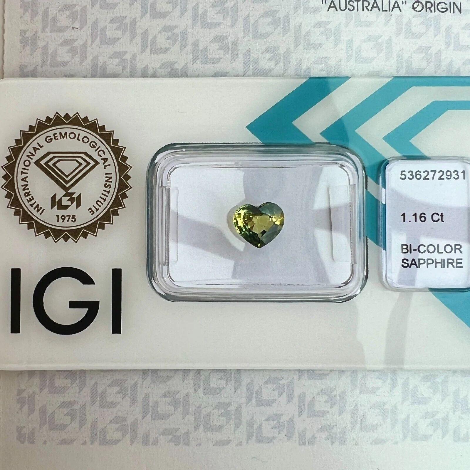 Women's or Men's 1.16ct Bi Colour Blue Green Yellow Australian Sapphire Heart Cut IGI Certified