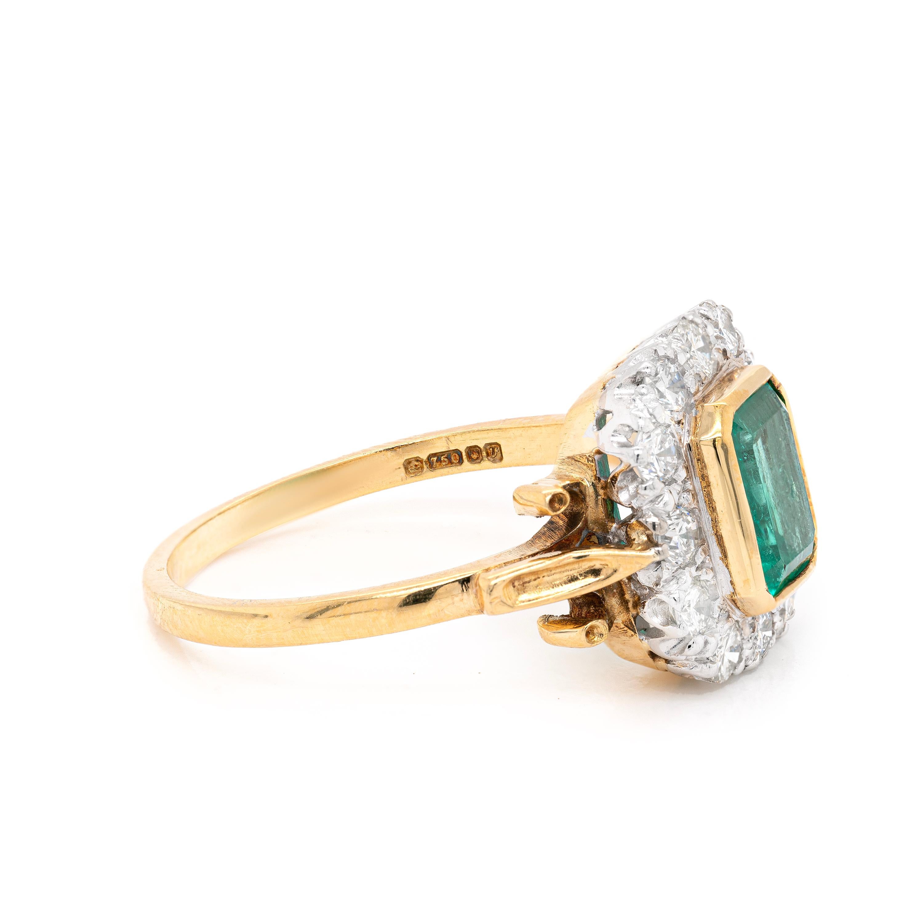 Emerald Cut 1.16ct Emerald and Diamond 18 Carat White & Yellow Gold Cluster Engagement Ring For Sale