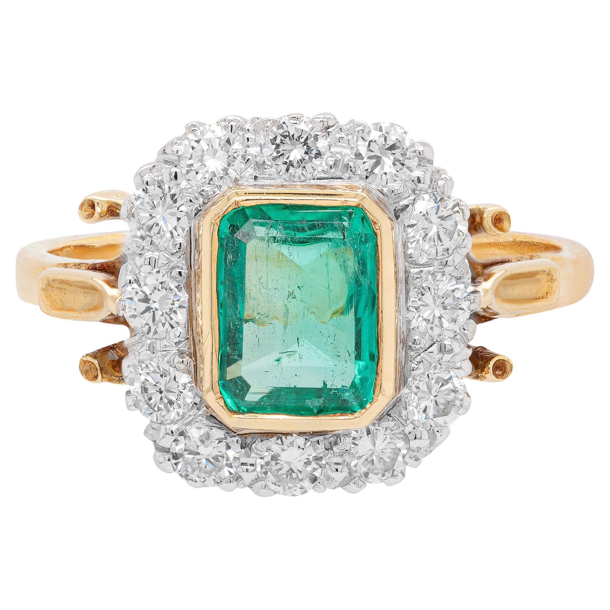 1.16ct Emerald and Diamond 18 Carat White & Yellow Gold Cluster Engagement Ring For Sale