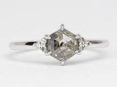 1.16ct Hexagon Salt and Pepper Diamond Trio Sides 14k White Gold Engagement Ring