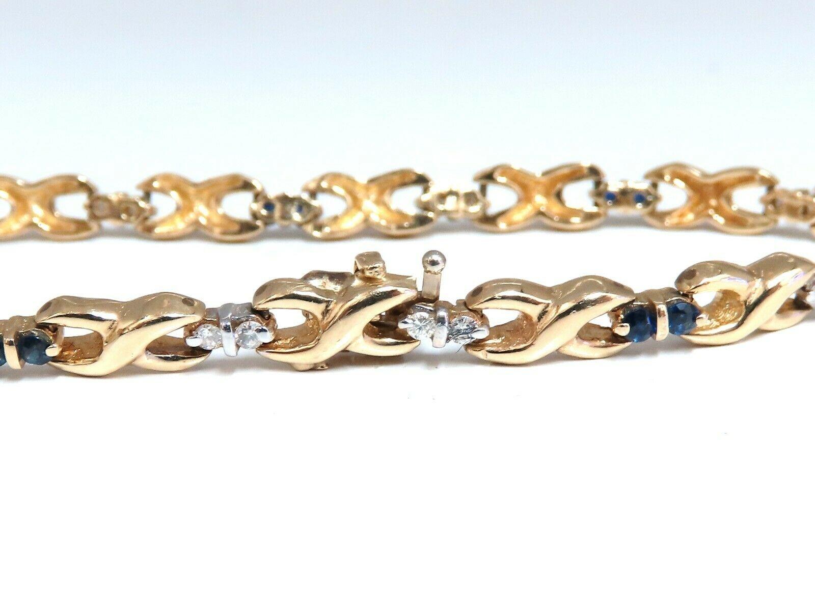 Round Cut 1.16 Carat Natural Sapphire Diamonds X Link Bracelet 14 Karat For Sale