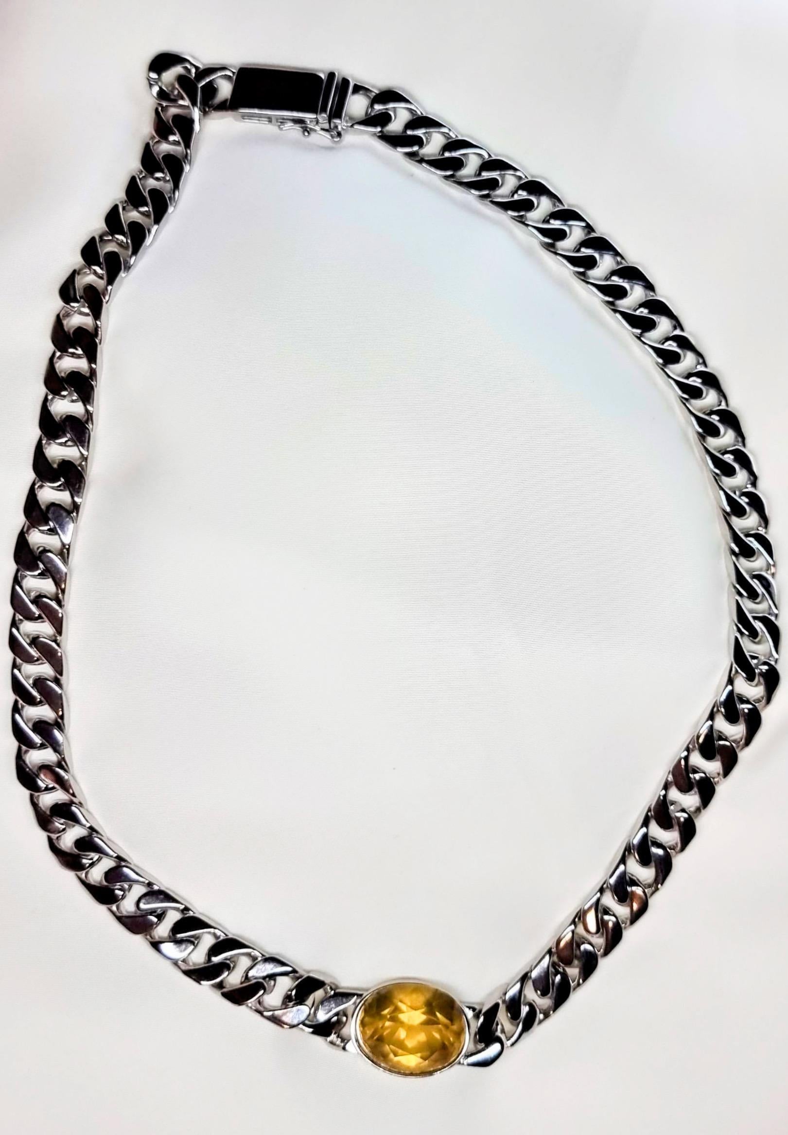 11.6ct Natural Yellow Citrine Sterling Silver Curb-Link Necklace In New Condition In Lanham, MD