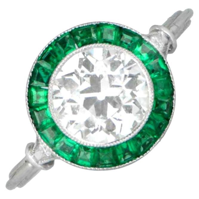 1.16 Carat Old Euro-Cut Diamond Engagement Ring, Emerald Halo, Platinum