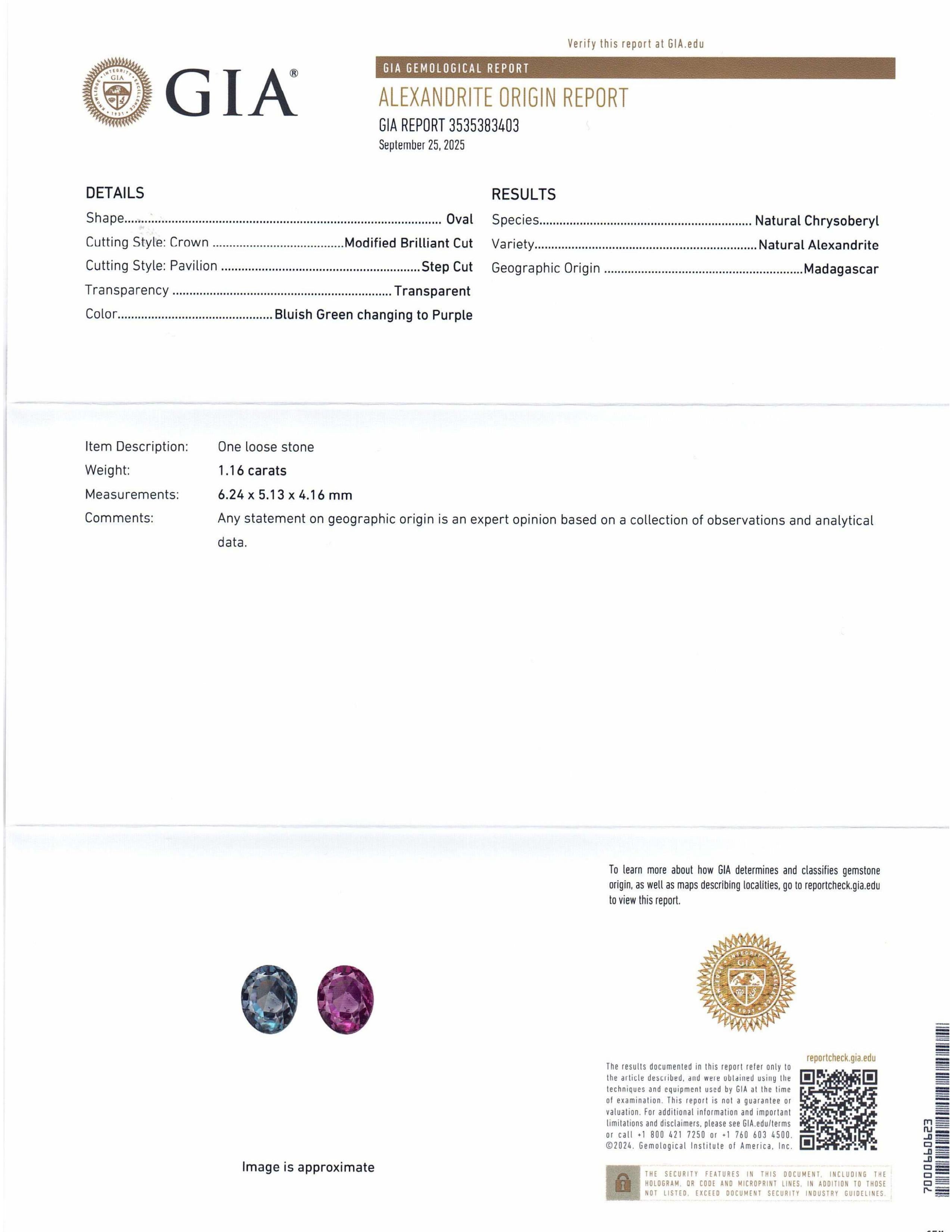 Il s'agit d'une magnifique Alexandrite certifiée par la GIA. 


Le rapport de la GIA se lit comme suit :

Numéro de rapport GIA : 3535383403
Forme : Ovale
Style de coupe : 
Style de coupe : Couronne : Coupe brillante modifiée
Style de coupe :