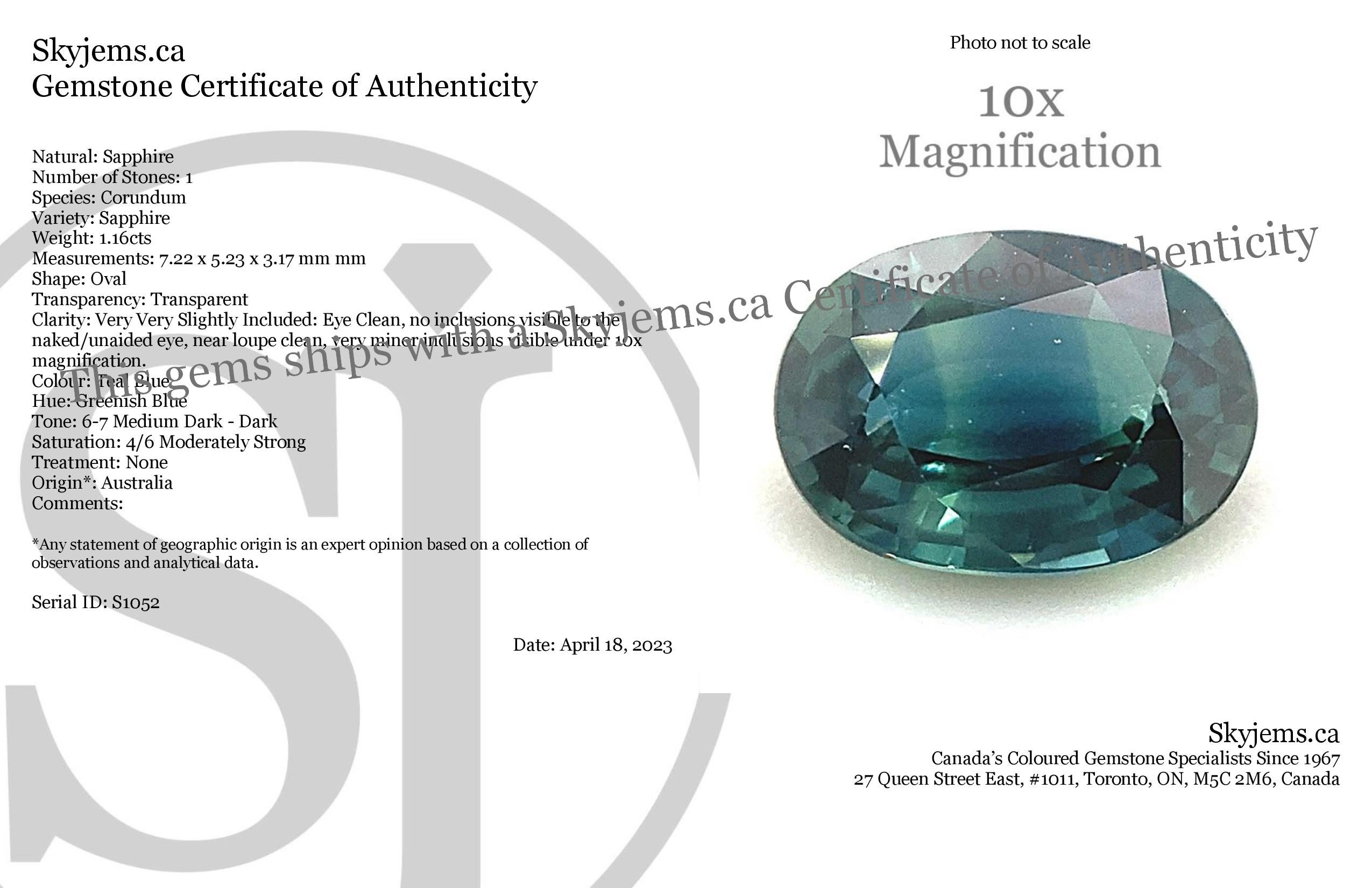 Description:

Gem Type: Sapphire
Number of Stones: 1
Weight: 1.16 cts
Measurements: 7.22 x 5.23 x 3.17 mm
Shape: Oval
Cutting Style Crown: Brilliant Cut
Cutting Style Pavilion: Step Cut
Transparency: Transparent
Clarity: Very Very Slightly Included: