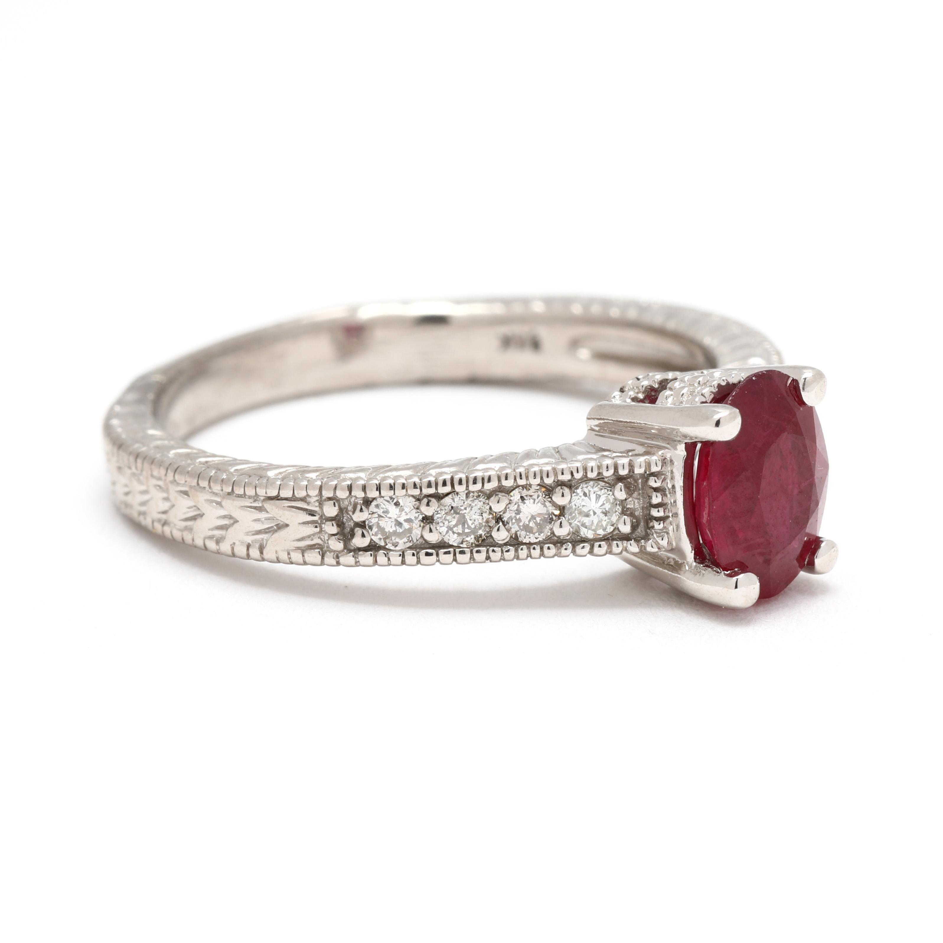 Stones:
ruby, 1 stone
oval
7 x 5 mm
approximately .1 carat
diamonds, 8 stones
round brilliant
1.75 mm
approximately .16 total carats
G-H color, SI2-I1 clarity

Ring Size 7.25

Band Width: 3.1 mm

Weight: 2.8 dwts. / 4.3 grams

Stamps: 