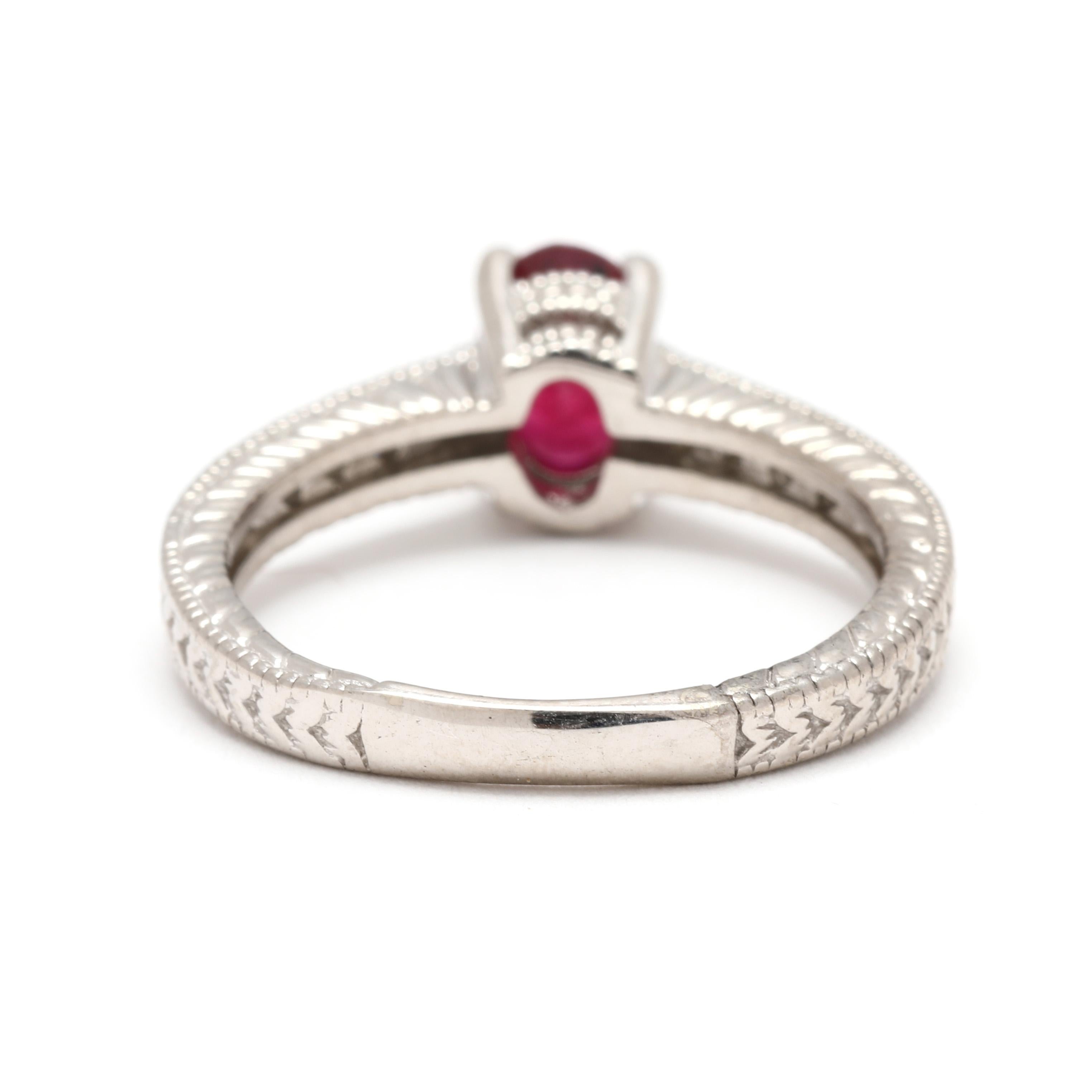Oval Cut 1.16ctw Ruby and Diamond Engagement Ring, 14k White Gold, Ring Size 7.25 For Sale