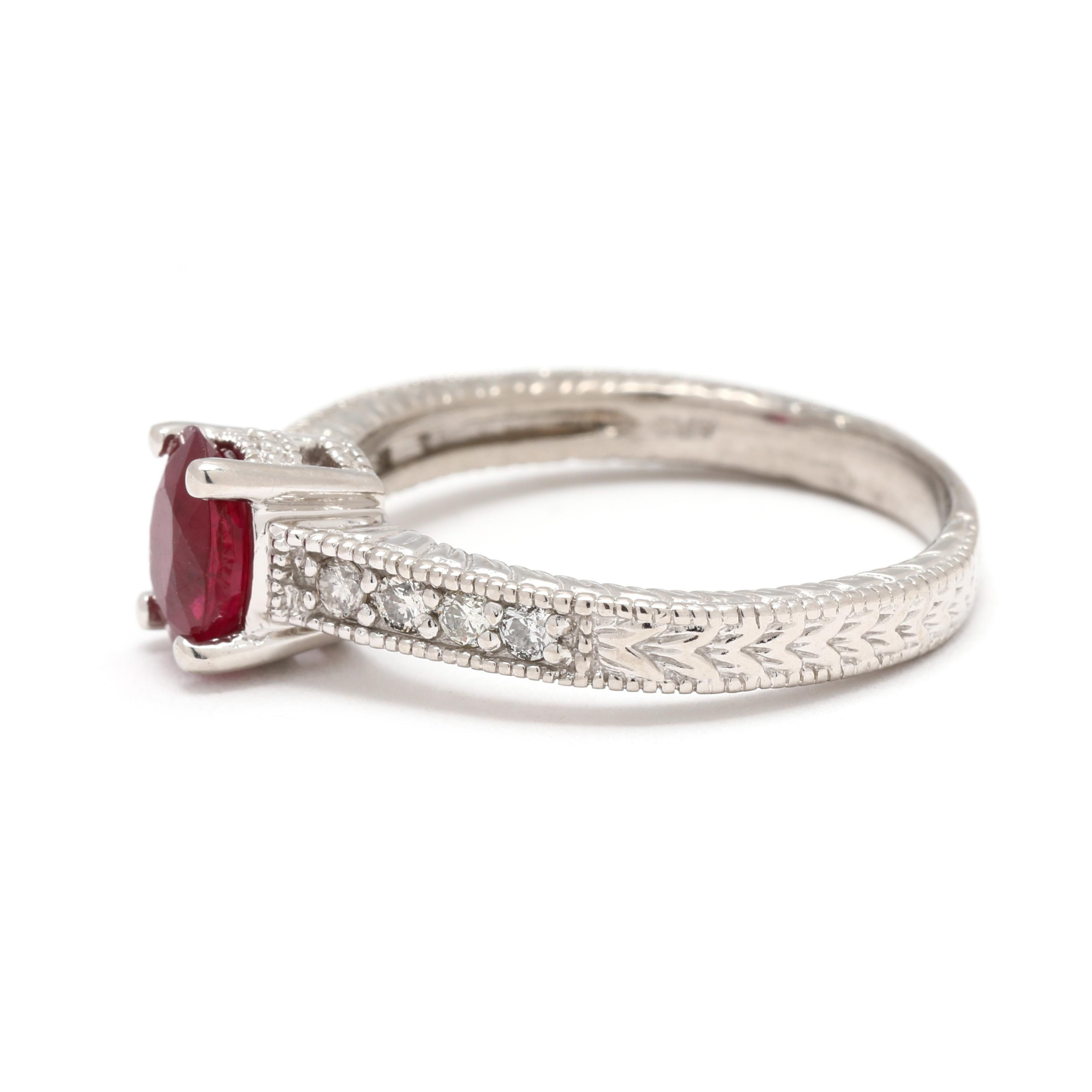 Bague de fiançailles en or blanc 14 carats avec rubis et diamants de 1,16 carat, taille de bague de 7,25 Bon état - En vente à McLeansville, NC