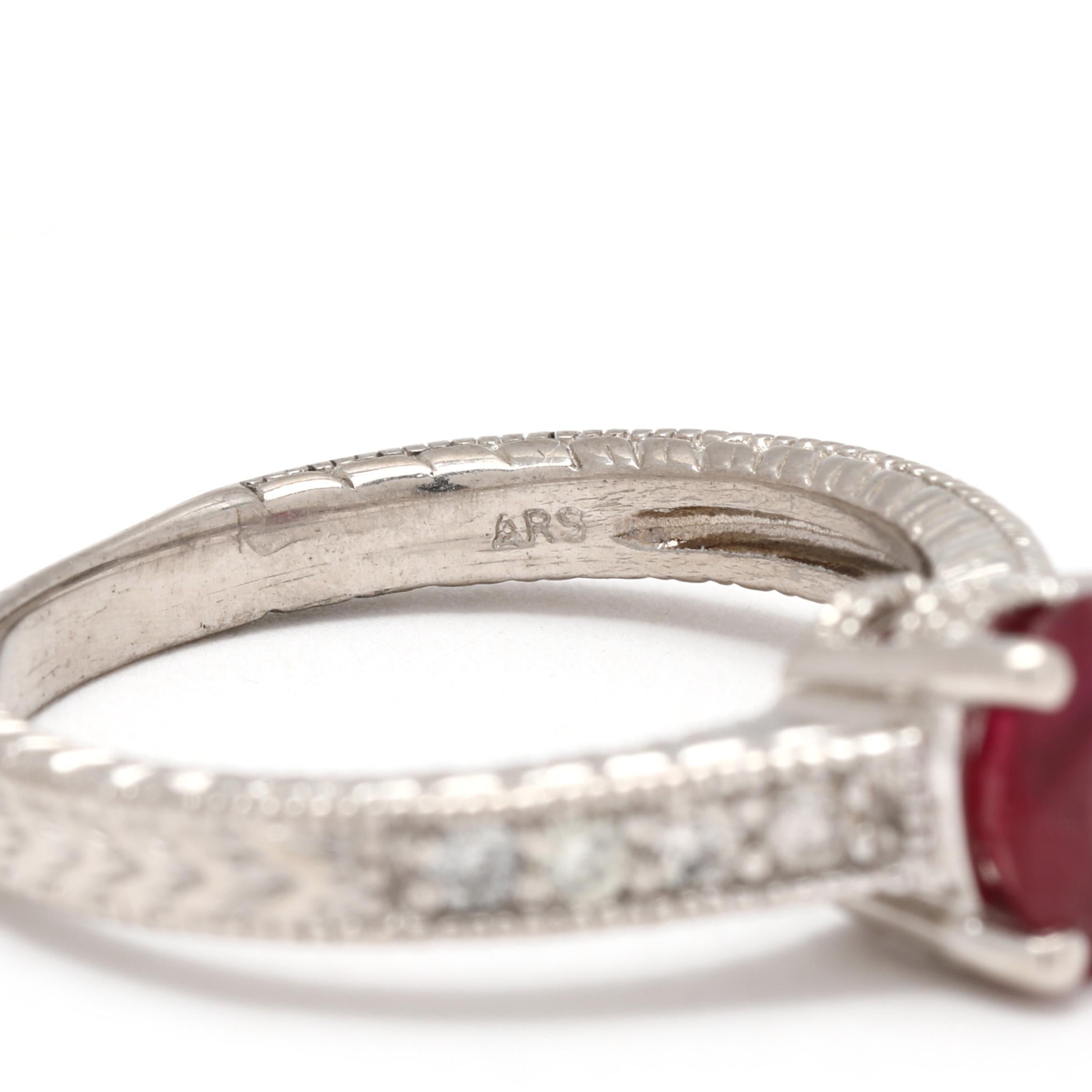 Women's or Men's 1.16ctw Ruby and Diamond Engagement Ring, 14k White Gold, Ring Size 7.25 For Sale
