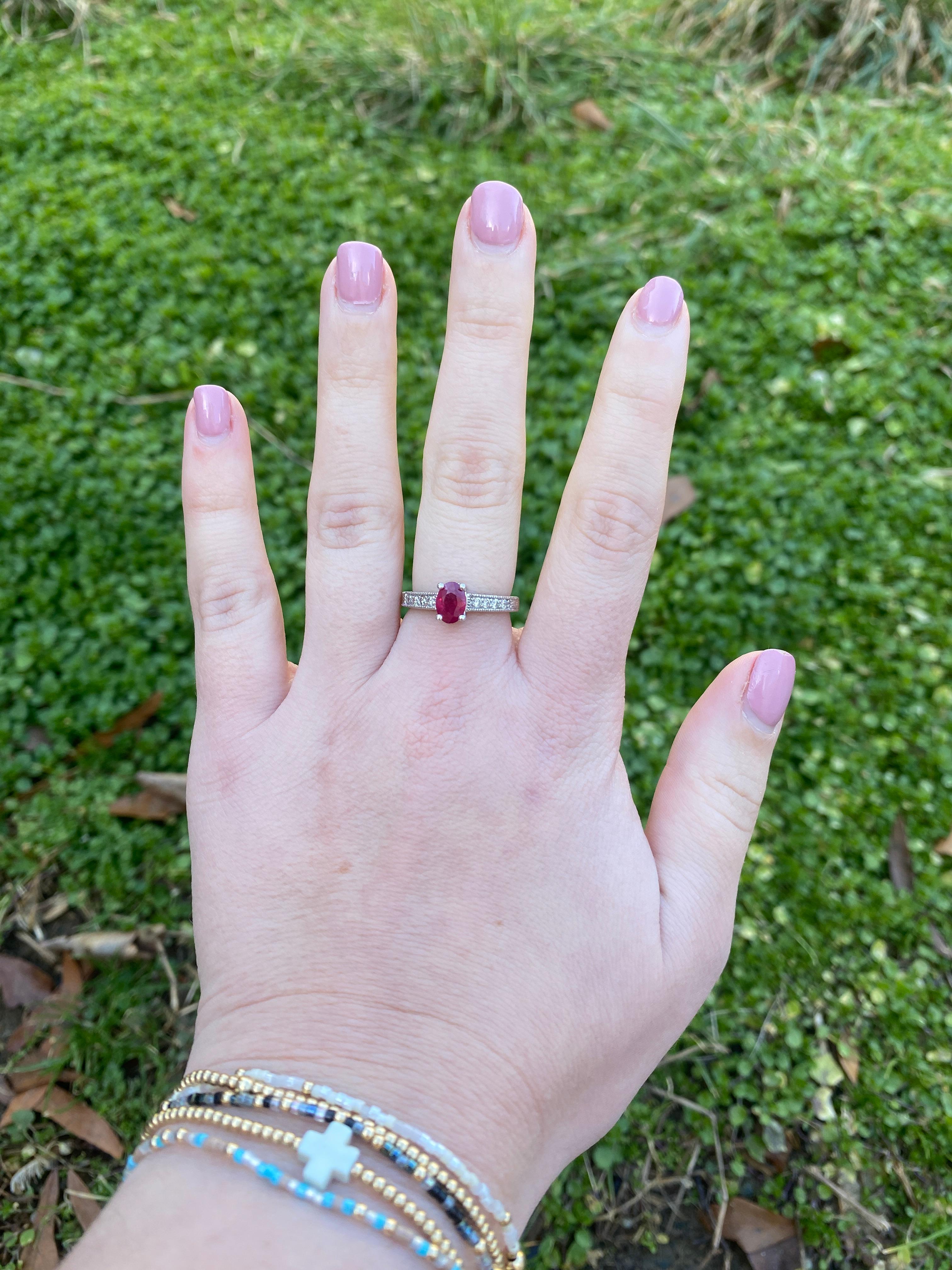 1.16ctw Ruby and Diamond Engagement Ring, 14k White Gold, Ring Size 7.25 For Sale 2