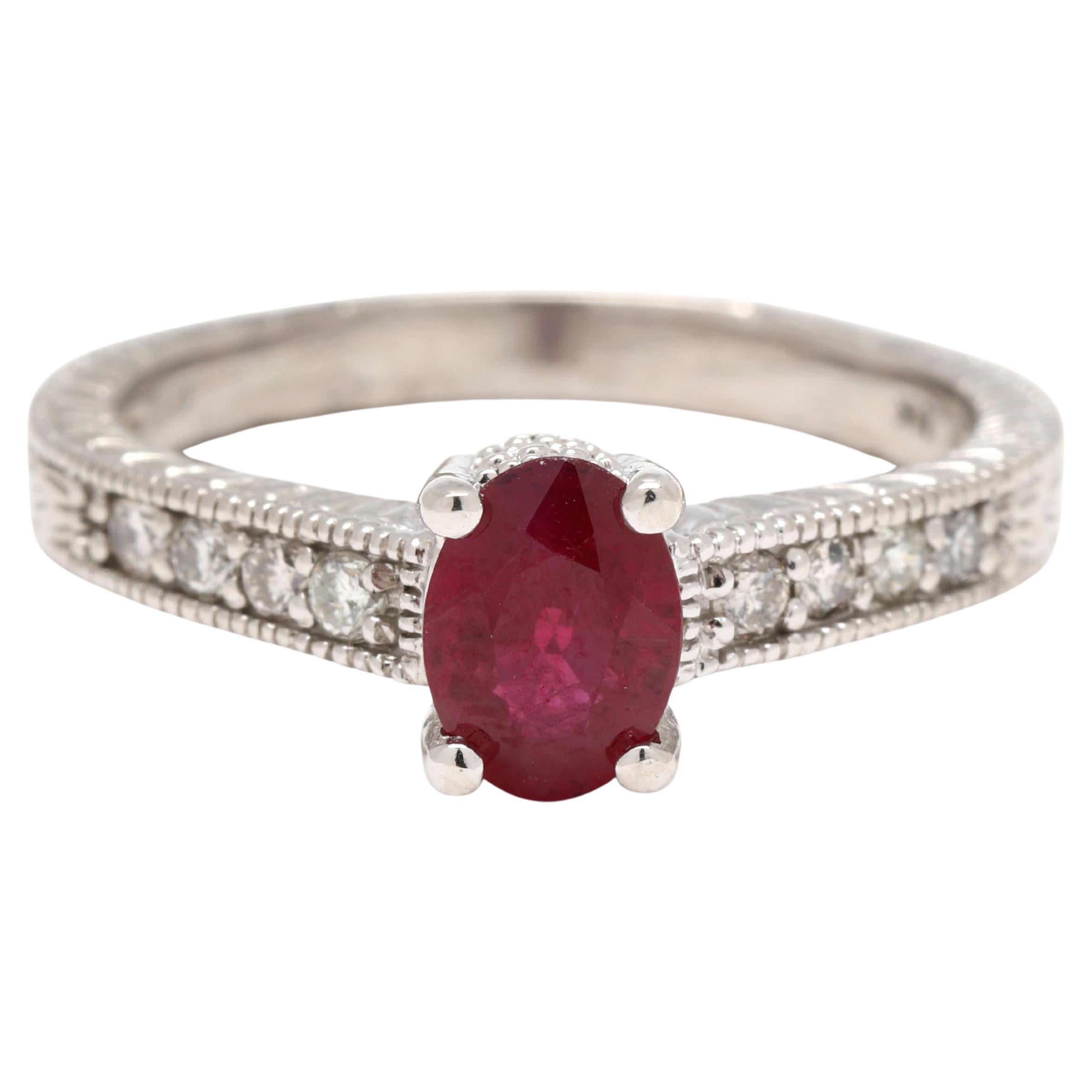 Bague de fiançailles en or blanc 14 carats avec rubis et diamants de 1,16 carat, taille de bague de 7,25