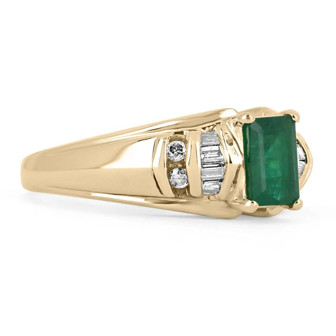 Setting Style: Solitaire with Accents
Setting Material: 14K Yellow Gold
Gold Weight: 5.2 Grams

Main Stone: Emerald
Shape: Emerald Cut
Weight: 0.96-Carats
Clarity: Translucent
Color: Dark Green
Luster: Very Good
Origin: Colombia
Treatments: Natural,