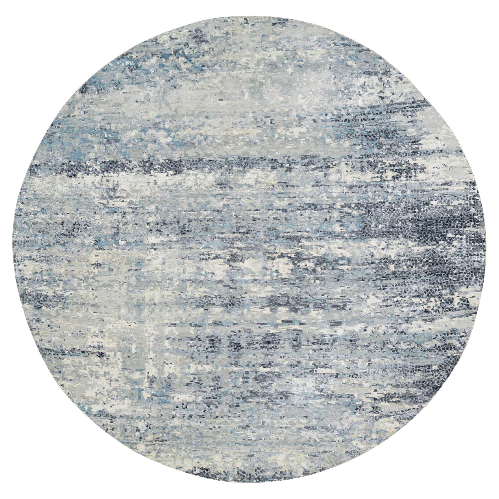 11'6"x11'6" Blue-Gray Modern Design Wool & Silk Hand Knotted Round Oriental Rug