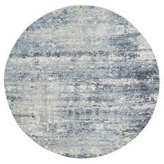 11'6 "x11'6" Blu-Grigio Tappeto orientale rotondo di design moderno in lana e seta annodato a mano