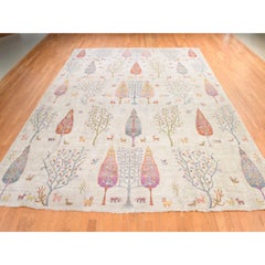 11'6"x14'6" Pearl White Folk Art Ethnic Willow and Cypress Trees Design Wool Rug