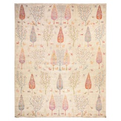 11'6"x14'6" Pearl White Folk Art Ethnic Willow and Cypress Trees Design Wool Rug