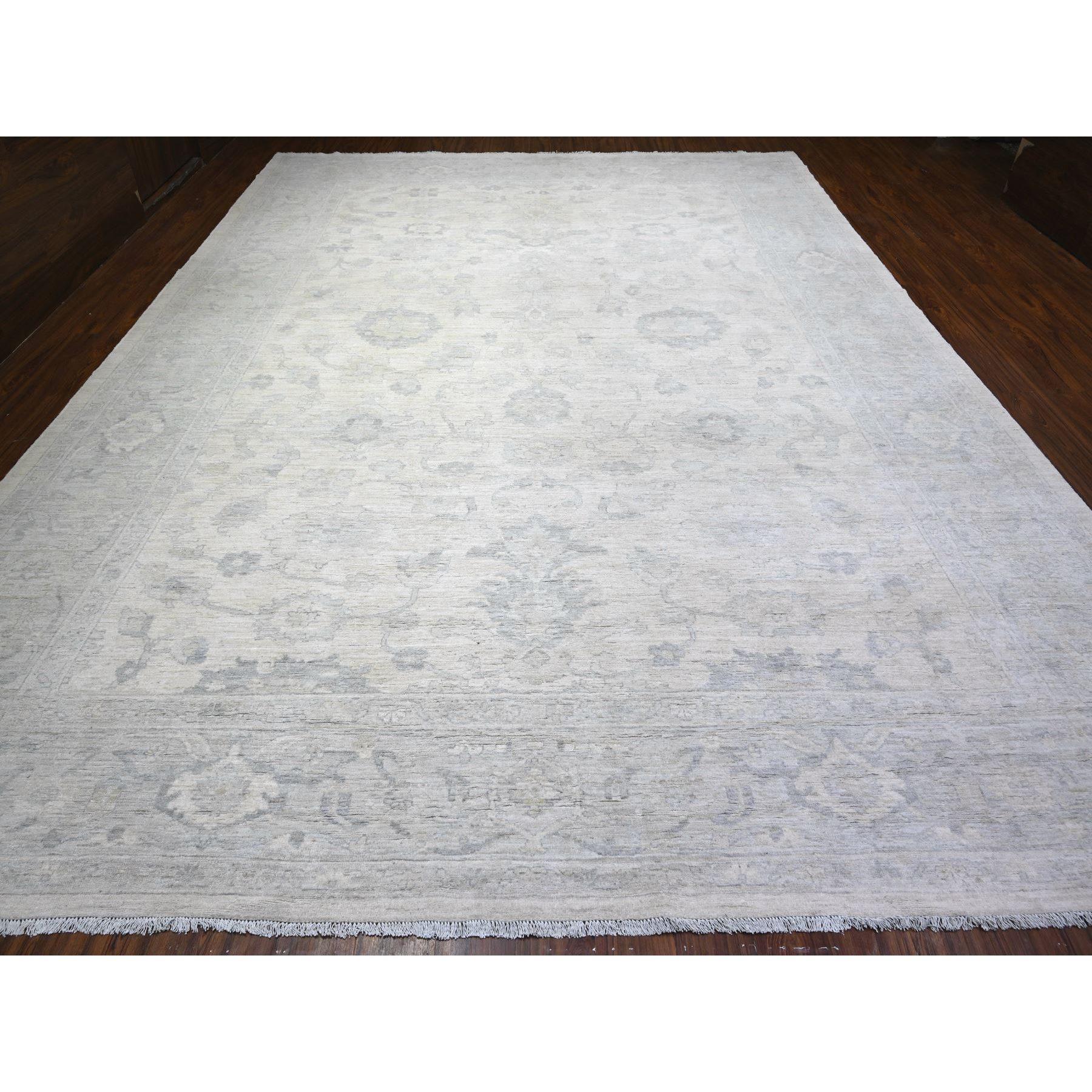 Dove White, Stone Wash Peshawar with Floral Design, Hand Knotted, Natural Dyes, Soft Wool, Oversized Oriental Rug
Primary materials: Wool
Latex: No Pile 
height: 0.25 Inches
Style: Transitional
Primary color: Ivory
Secondary colors: None
Pattern: