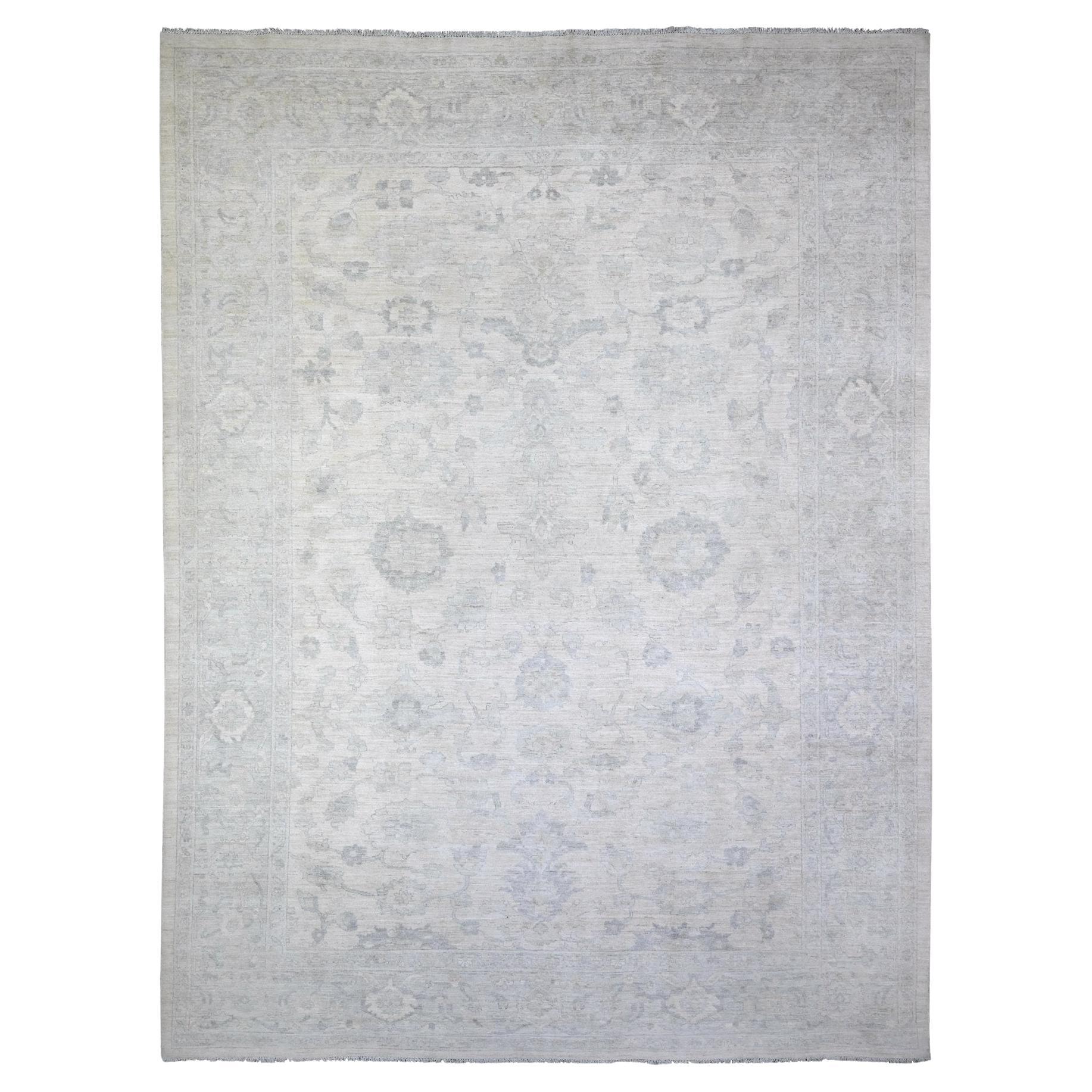 11'6"x15'3" Dove White Stone Wash Peshawar Hand Knotted Soft Wool Oversized Rug For Sale