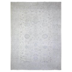 11'6"x15'3" Dove White Stone Wash Peshawar Hand Knotted Soft Wool Oversized Rug