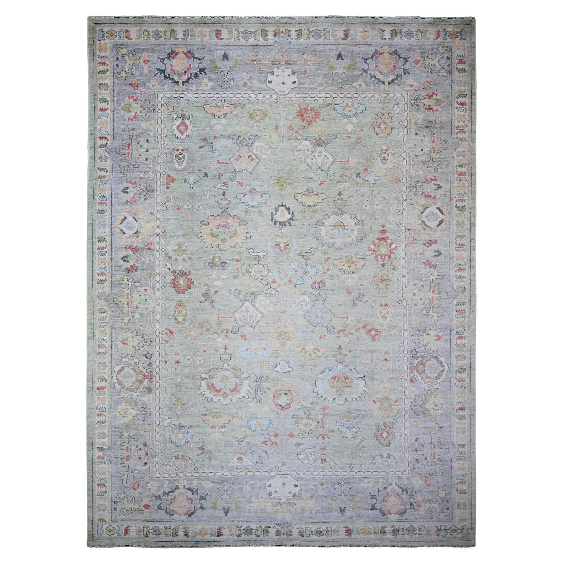 11'6"x15'7" Green Afghan Angora Oushak Floral Motifs Soft Wool Hand Knotted Rug For Sale
