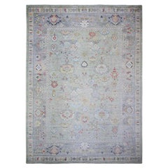 11'6 "x15'7" Grüner Afghanischer Angora Oushak Florale Motive Weiche Wolle Handgeknüpfter Teppich
