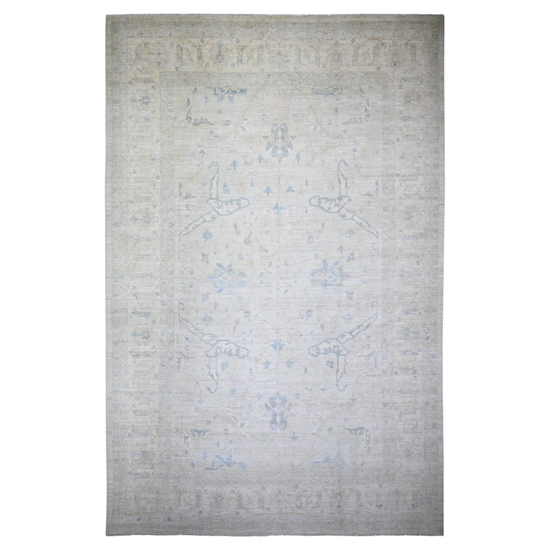 11'6 "x17'4" Alfombra Oriental Lavada Gris Ceniza Piedra Peshawar de Pura Lana Anudada a Mano