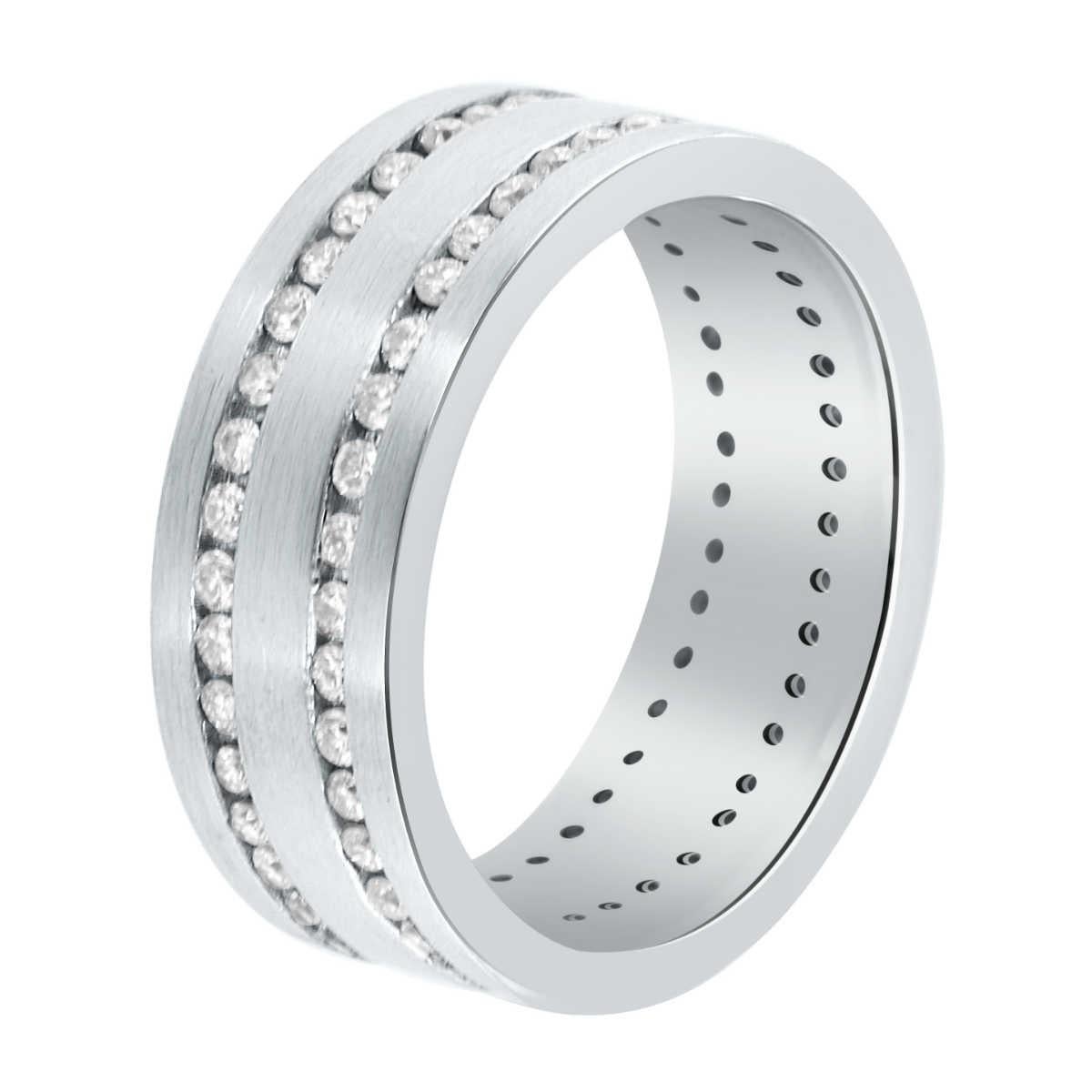 This 18k white gold handcrafted Unisex band showcases two (2) eternity rows of perfectly matched Round Brilliant diamonds on an eight (8) MM wide band. The band has a satin finish and comfort fit.

Diamond Weight : 1.17 Carats
Diamond Color: