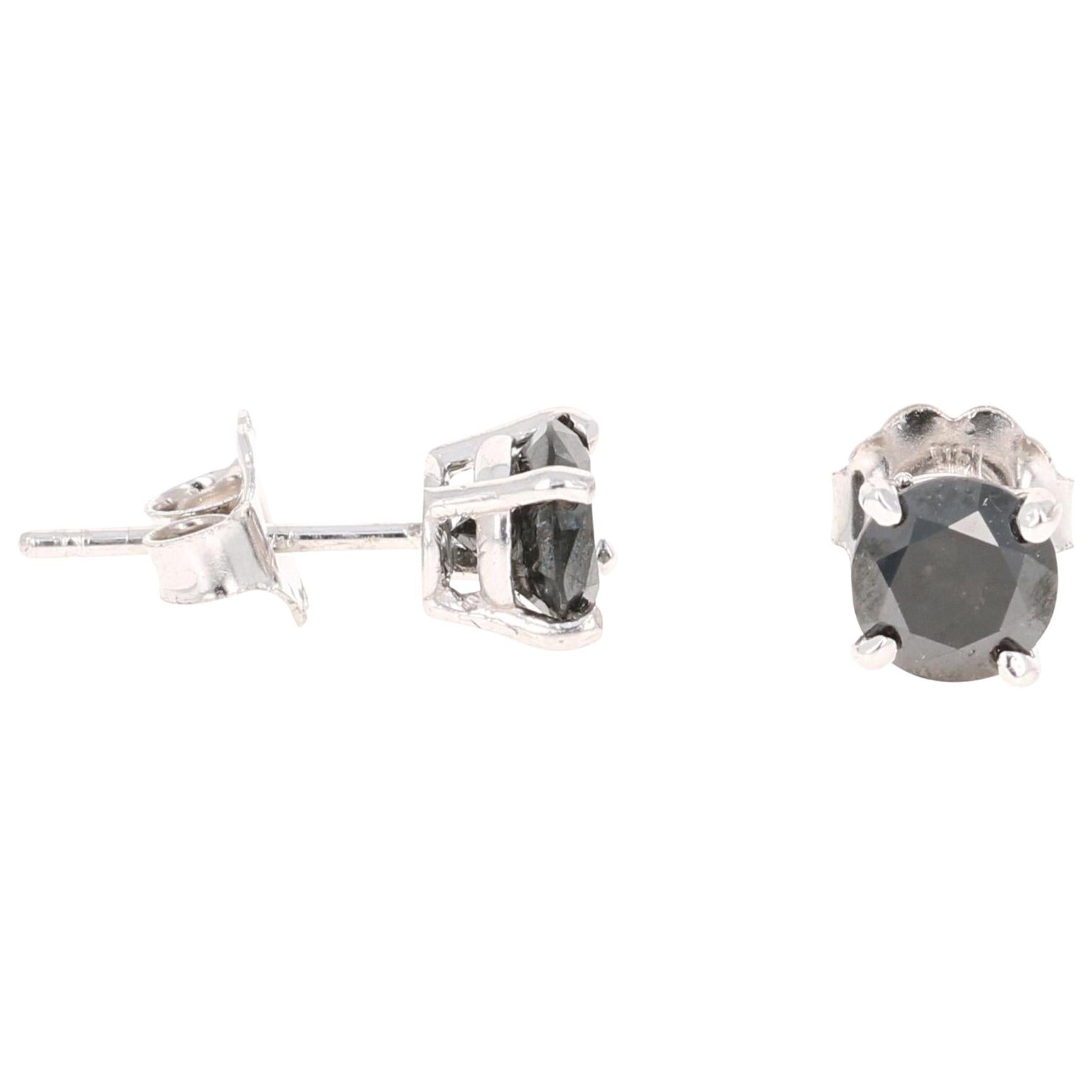 1.17 Carat Black Diamond 14 Karat White Gold Stud Earrings