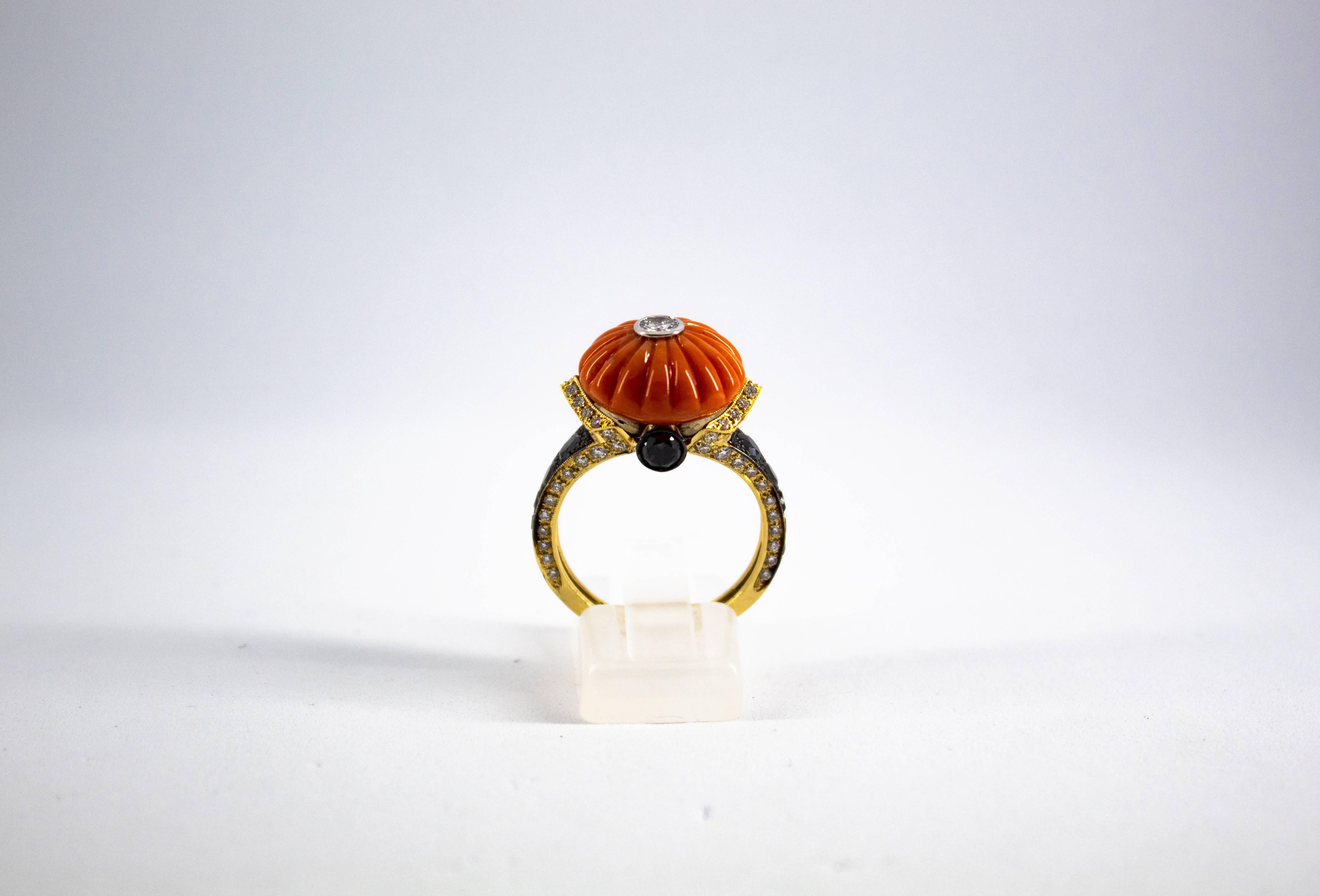 1.17 Carat Black Diamond Coral 0.81 Carat White Diamond Yellow Gold Dome Ring In New Condition In Naples, IT