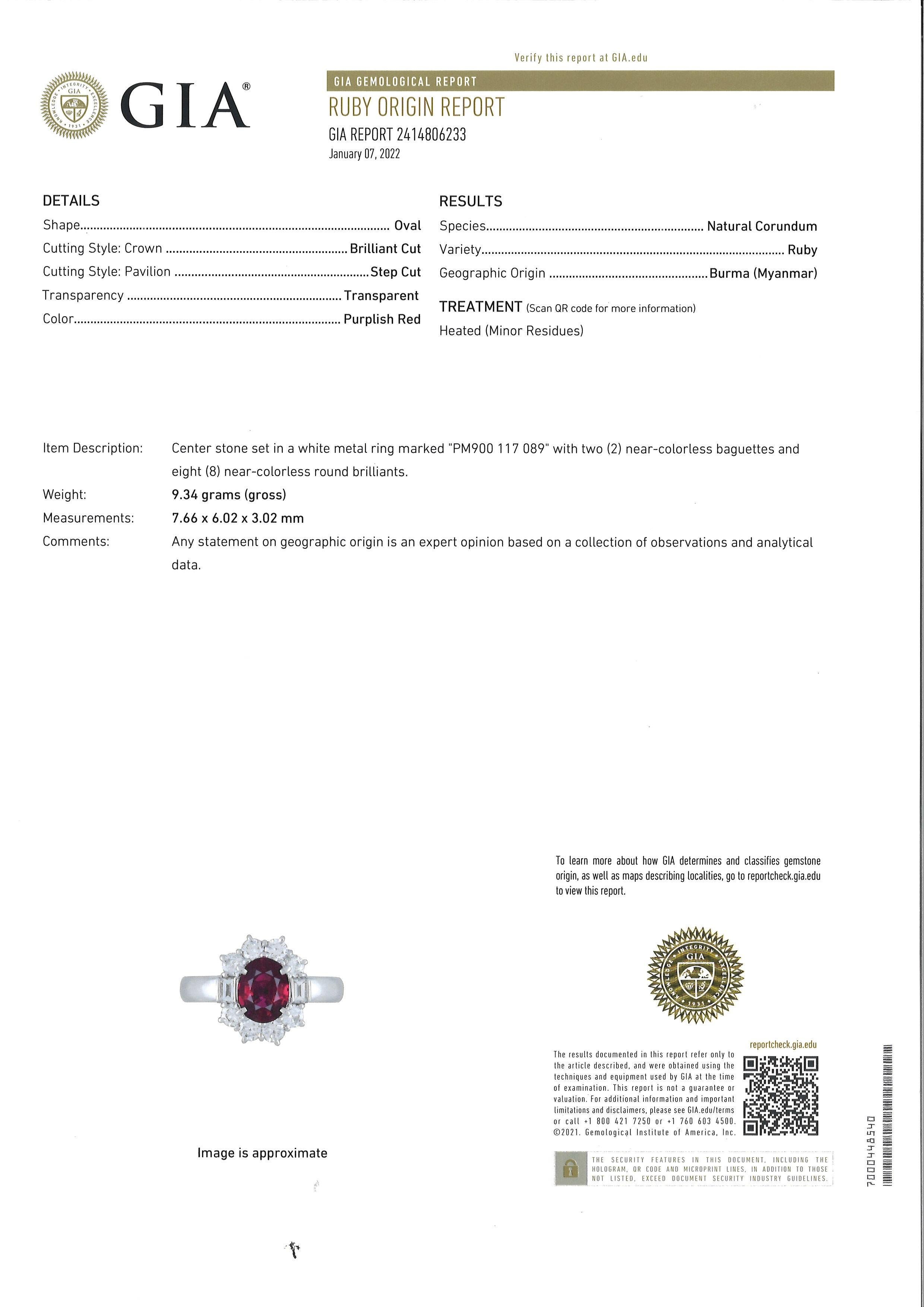 Women's 1.17 Carat Burmese Ruby Diamond Platinum Ring, GIA Certified For Sale