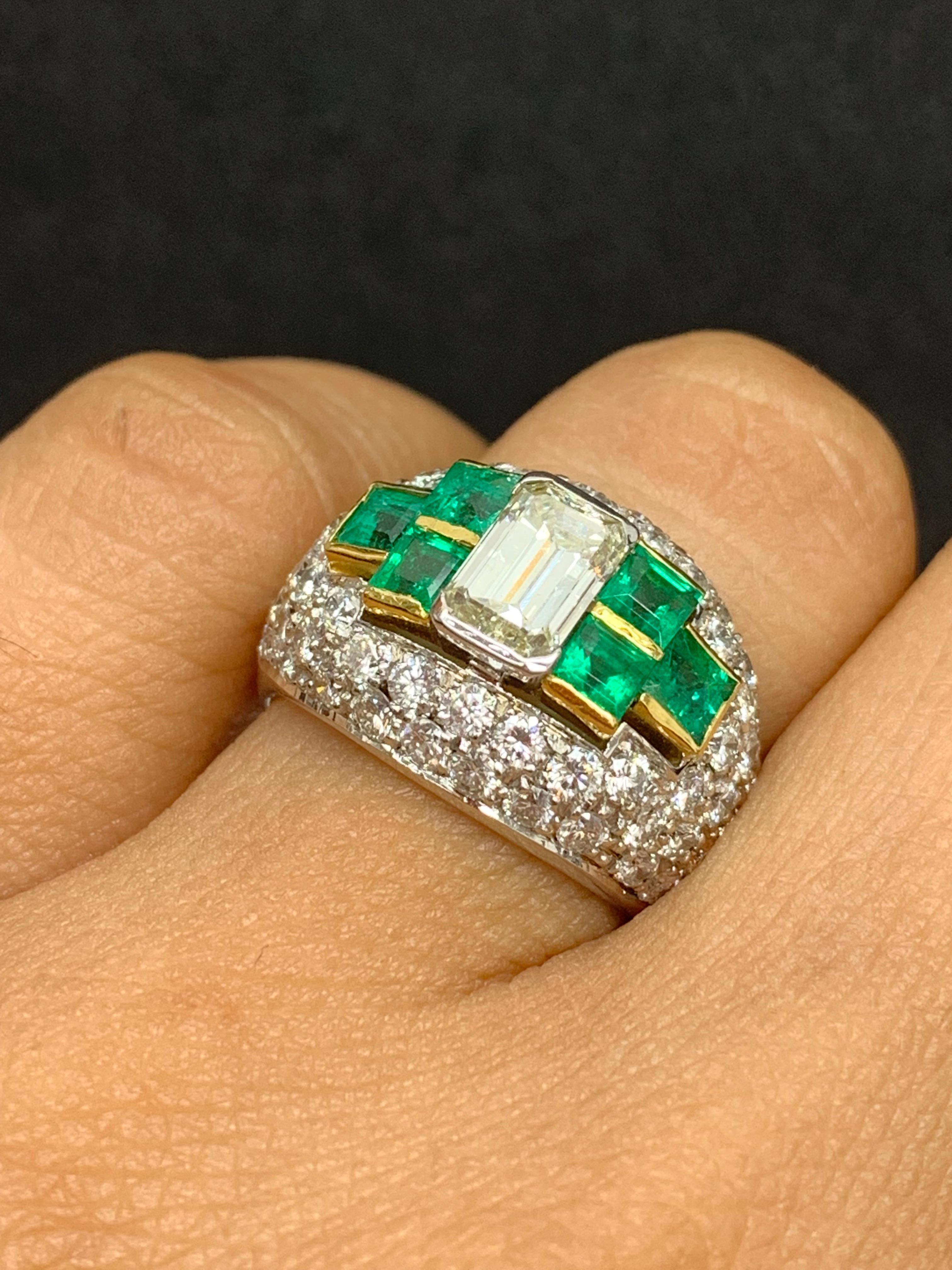 Modern 1.17 Carat Diamond and Emerald Cocktail Dome Ring in 18K Mix Gold For Sale