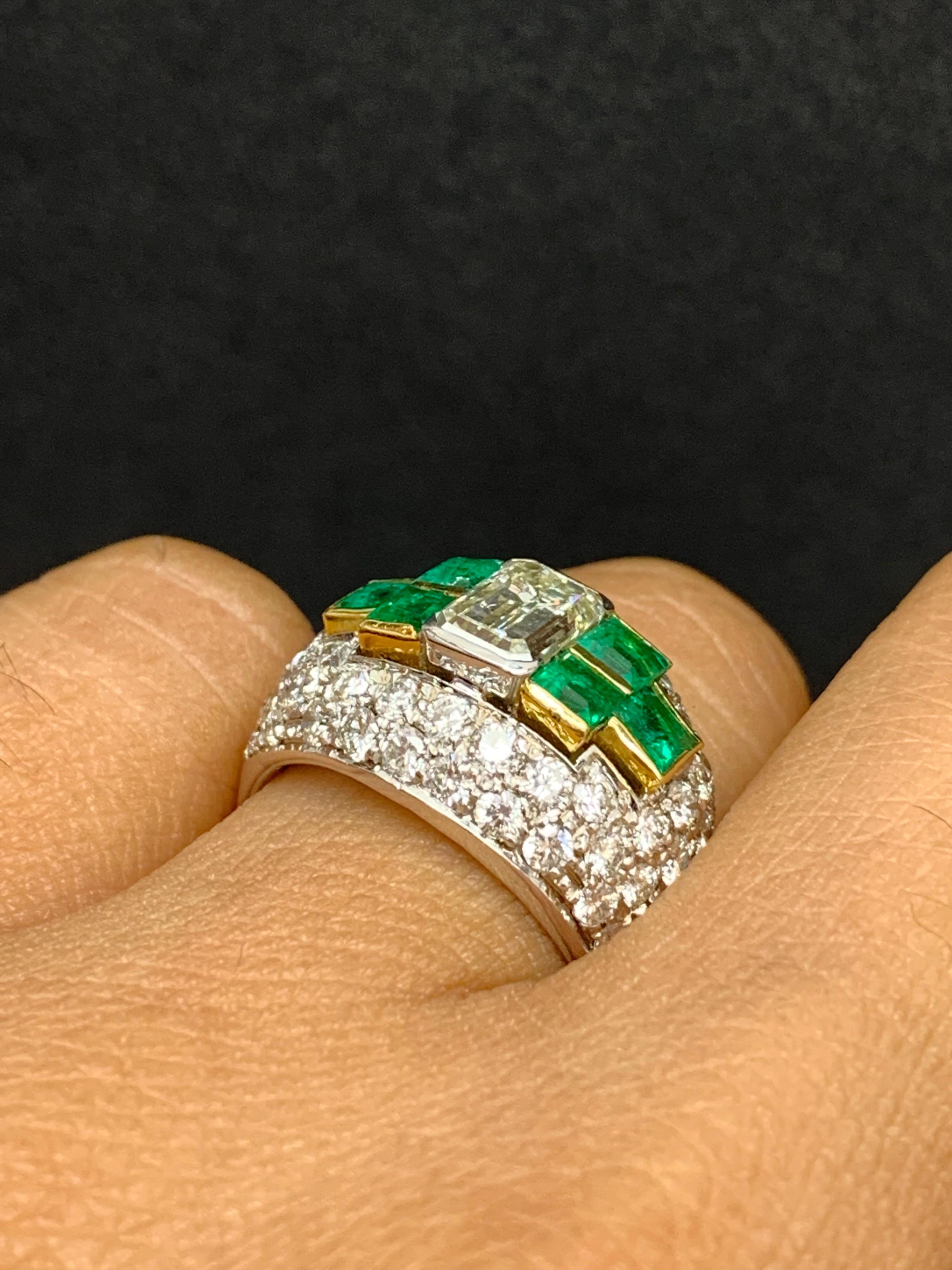 Emerald Cut 1.17 Carat Diamond and Emerald Cocktail Dome Ring in 18K Mix Gold For Sale