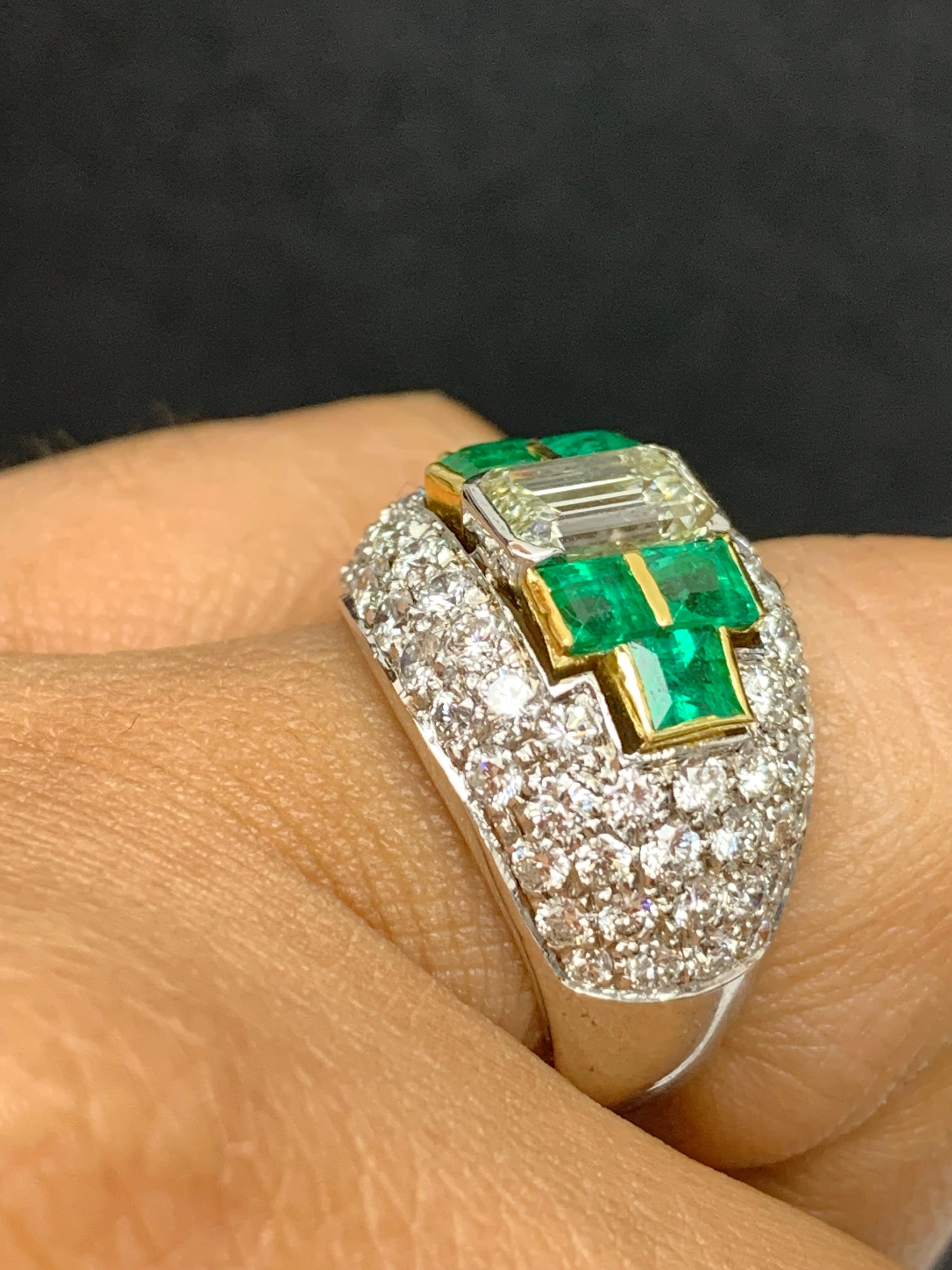 Women's 1.17 Carat Diamond and Emerald Cocktail Dome Ring in 18K Mix Gold For Sale