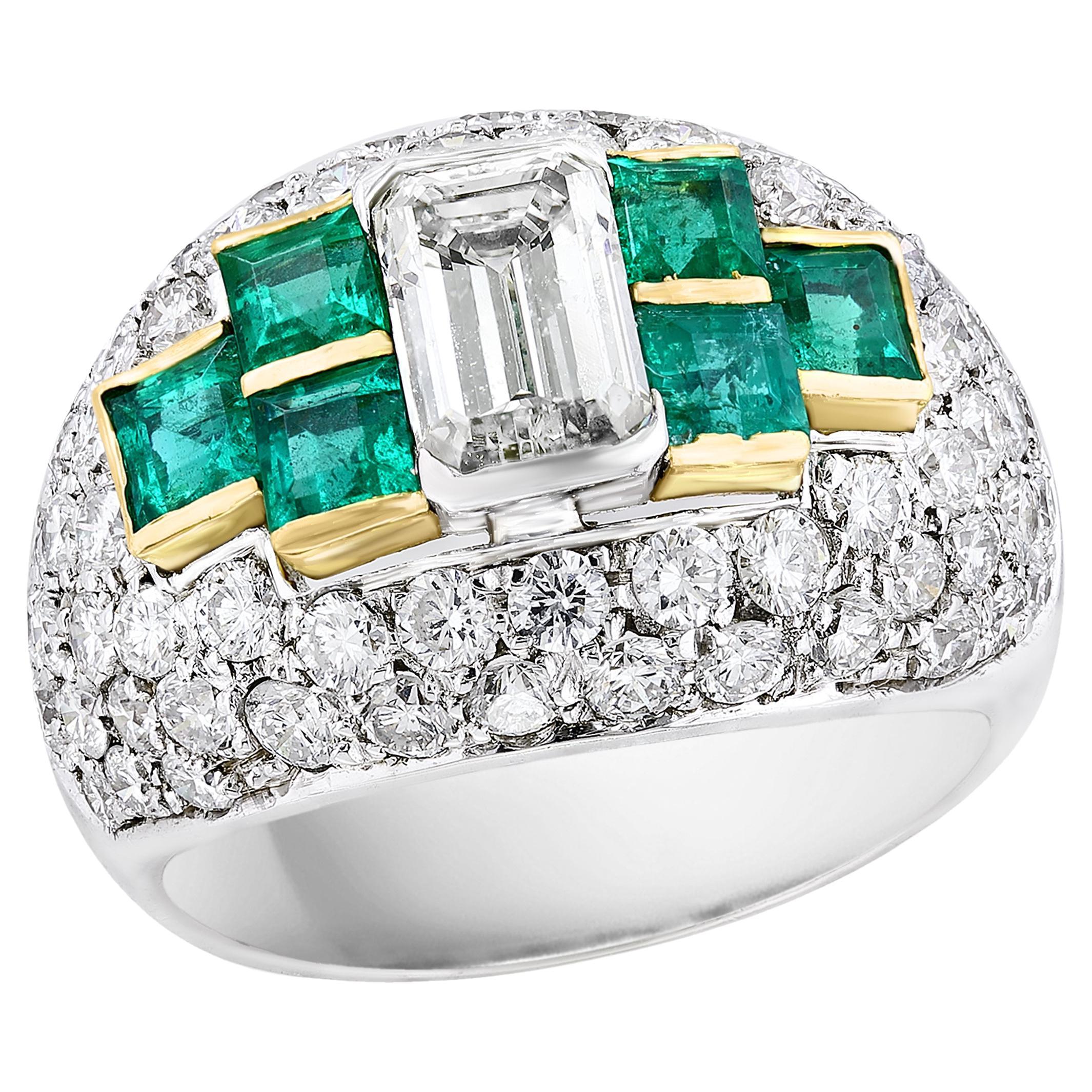 1.17 Carat Diamond and Emerald Cocktail Dome Ring in 18K Mix Gold For Sale