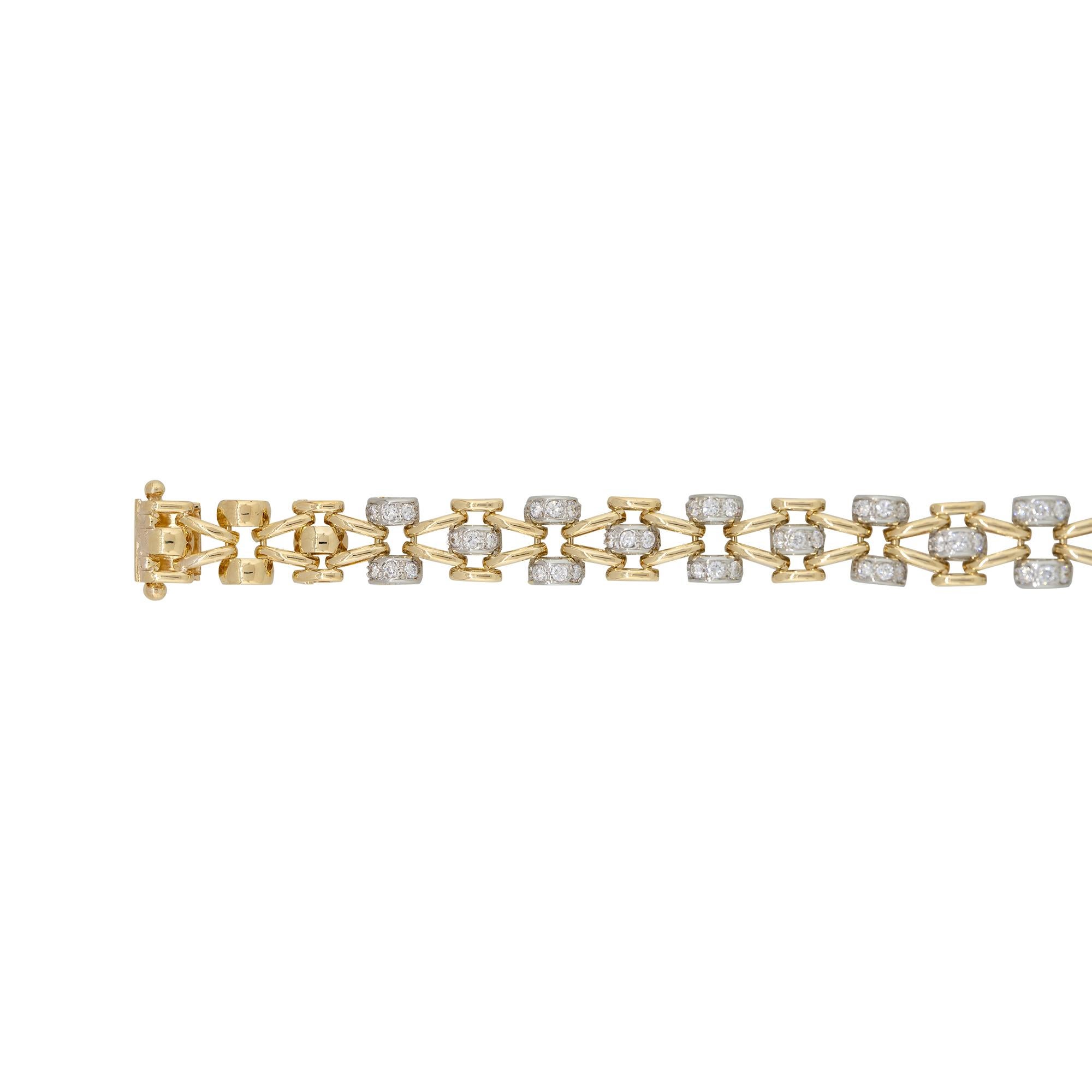 18k Two-Tone Gold 1.17ct Diamond Set Open Link Bracelet
Material: 18k White & Yellow Gold
Diamond Details: There are approximately 1.17 carats of round brilliant-cut diamonds
Diamond Clarity: All diamonds are approximately SI (Slightly Included) in