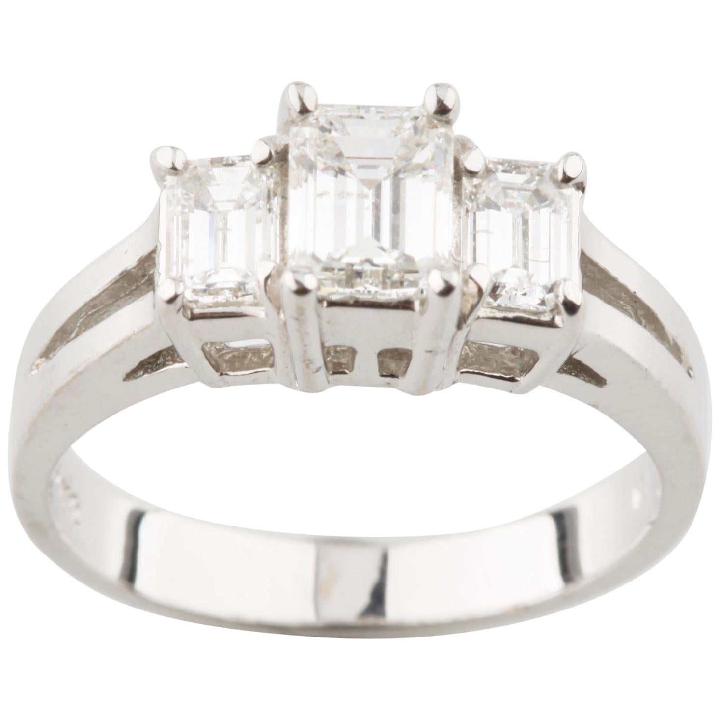 1.17 Carat Emerald Cut Diamond 18 Karat White Gold Three-Stone Engagement Ring