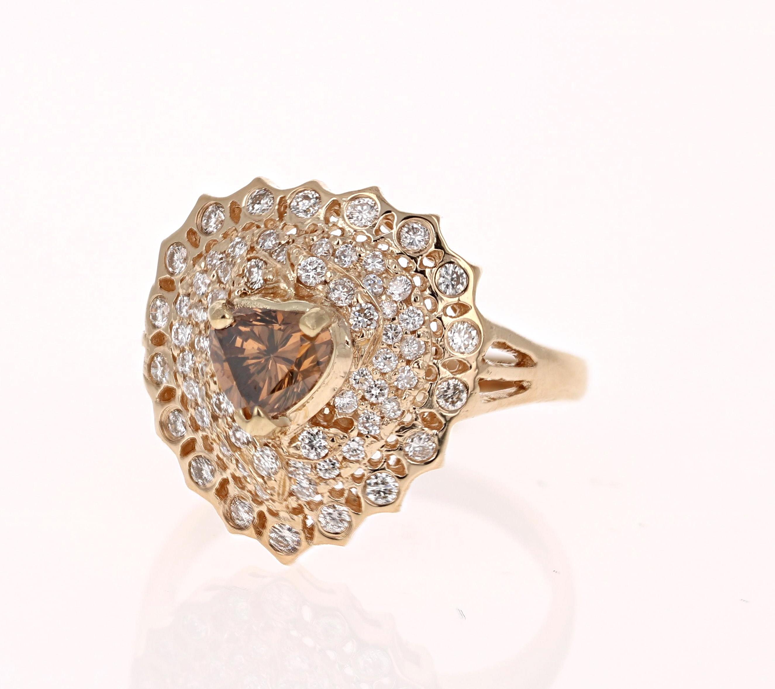 Modern 1.17 Carat Heart Cut Champagne Diamond Cluster Ring 14 Karat Yellow Gold