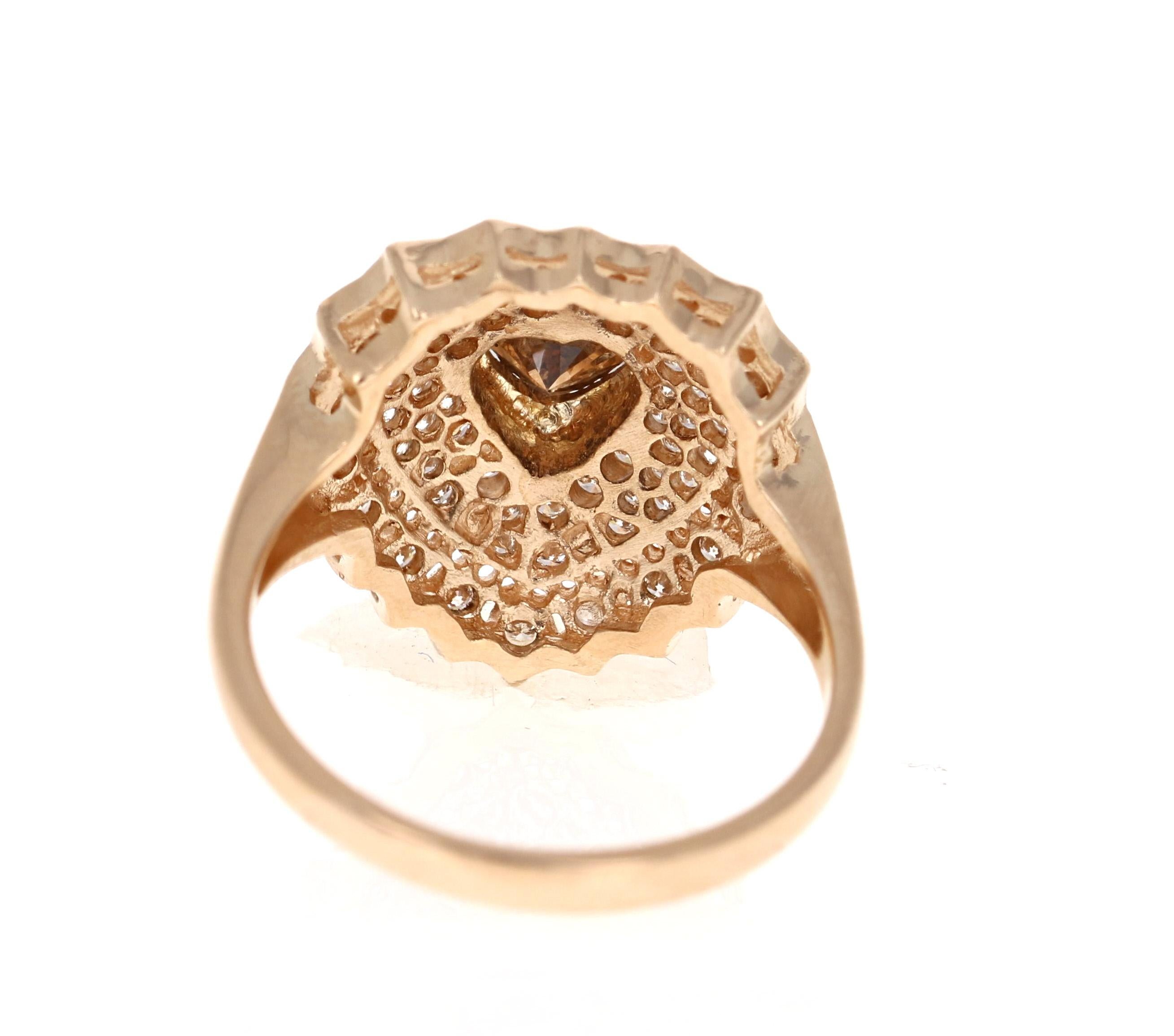 1.17 Carat Heart Cut Champagne Diamond Cluster Ring 14 Karat Yellow Gold In New Condition In Los Angeles, CA