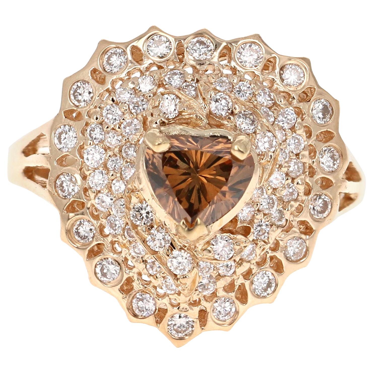 1.17 Carat Heart Cut Champagne Diamond Cluster Ring 14 Karat Yellow Gold