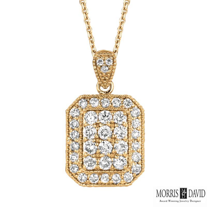 100% natürliche Diamanten, nicht verbessert in irgendeiner Weise Rundschliff Diamant Halskette mit 18'' Kette  
1.17CT
G-H 
SI  
14K Weißgold,   Pave-Stil,  5,5 Gramm
13/16 Zoll in der Höhe, 1/2 Zoll in der Breite
12 Diamanten - 0,68ct, 25 Diamanten