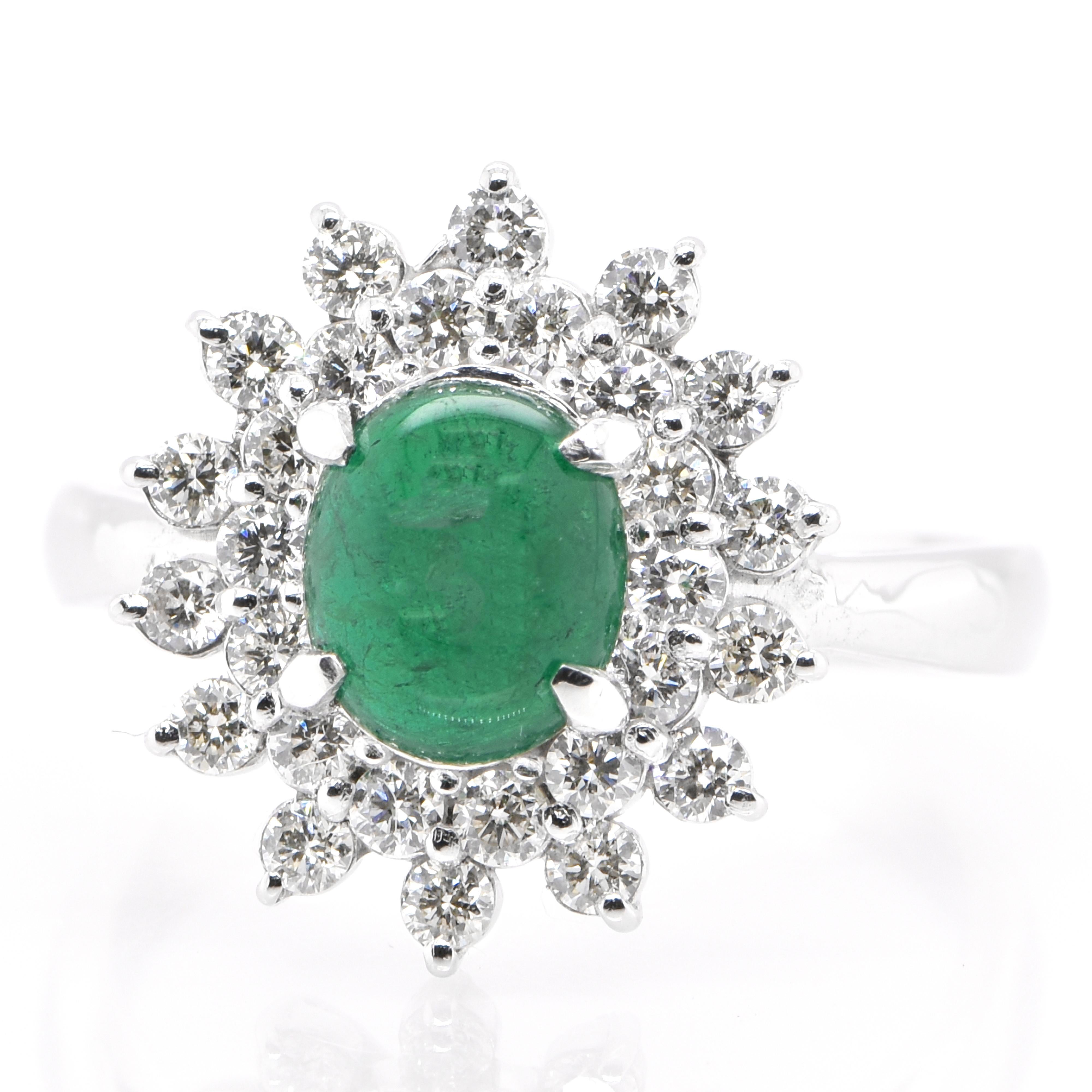A stunning ring featuring a 1.17 Carat Natural Emerald and 0.70 Carats of Diamond Accents set in Platinum. People have admired emerald’s green for thousands of years. Emeralds have always been associated with the lushest landscapes and the richest