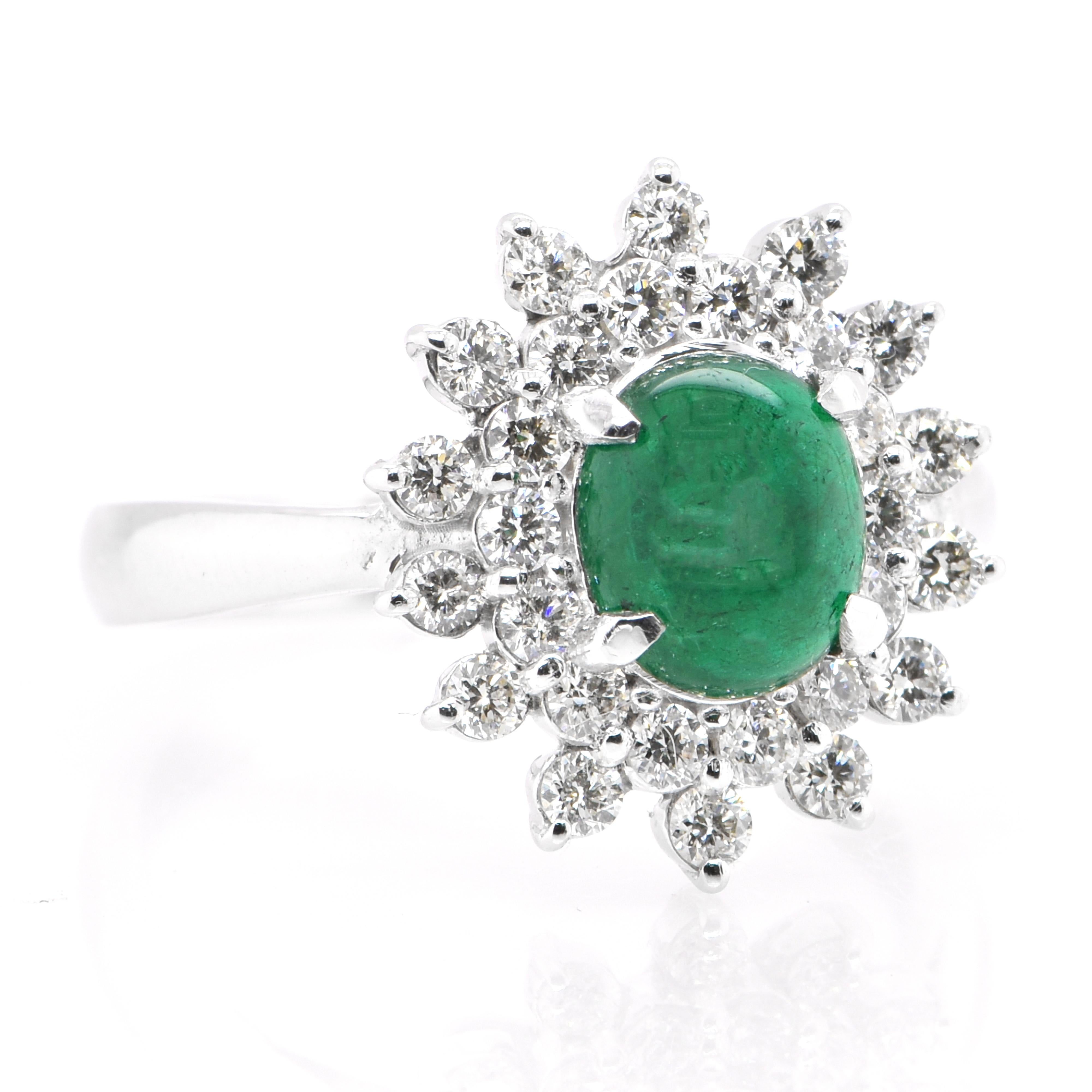 Modern 1.17 Carat Natural Emerald Cabochon and Diamond Ring Set in Platinum For Sale