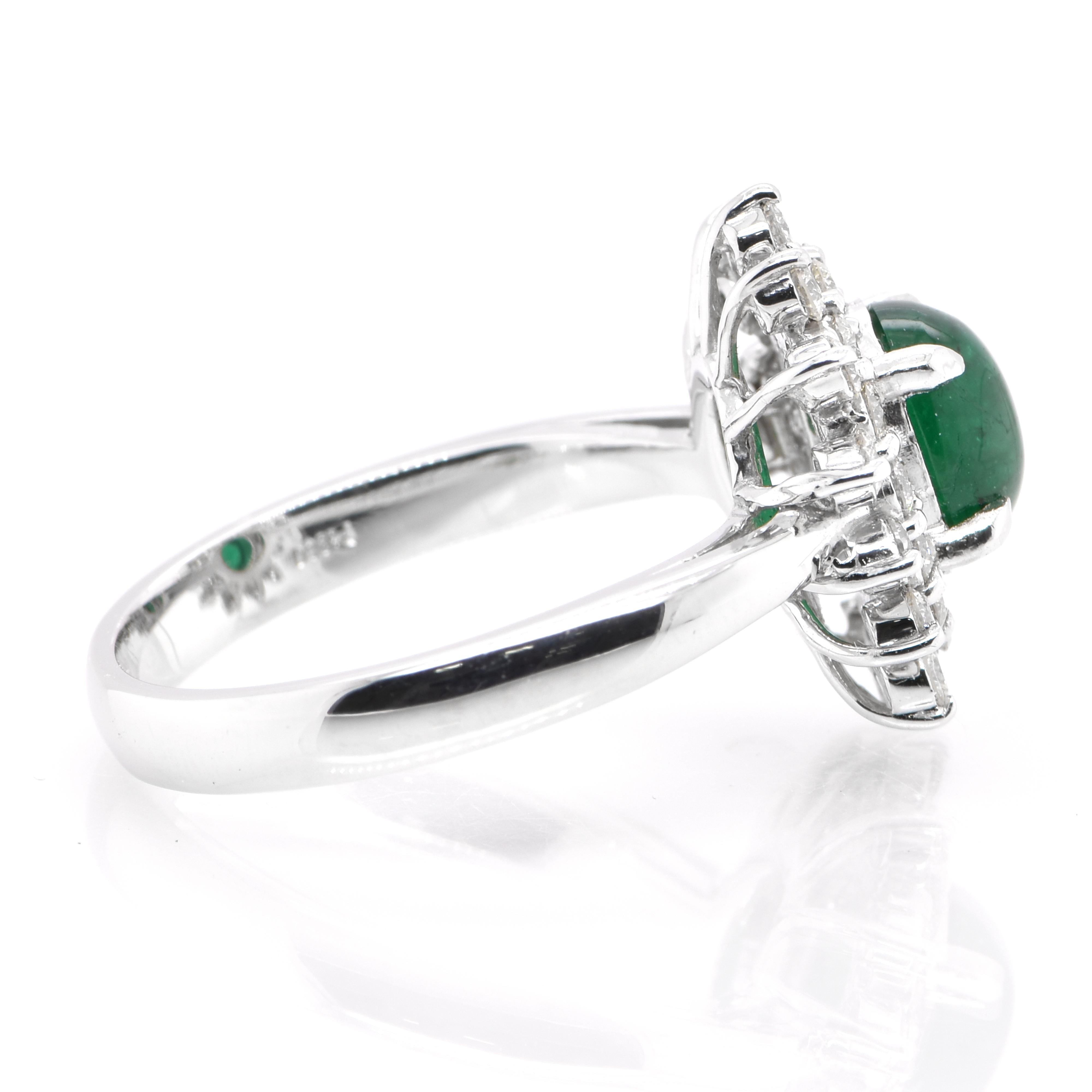 Women's 1.17 Carat Natural Emerald Cabochon and Diamond Ring Set in Platinum For Sale