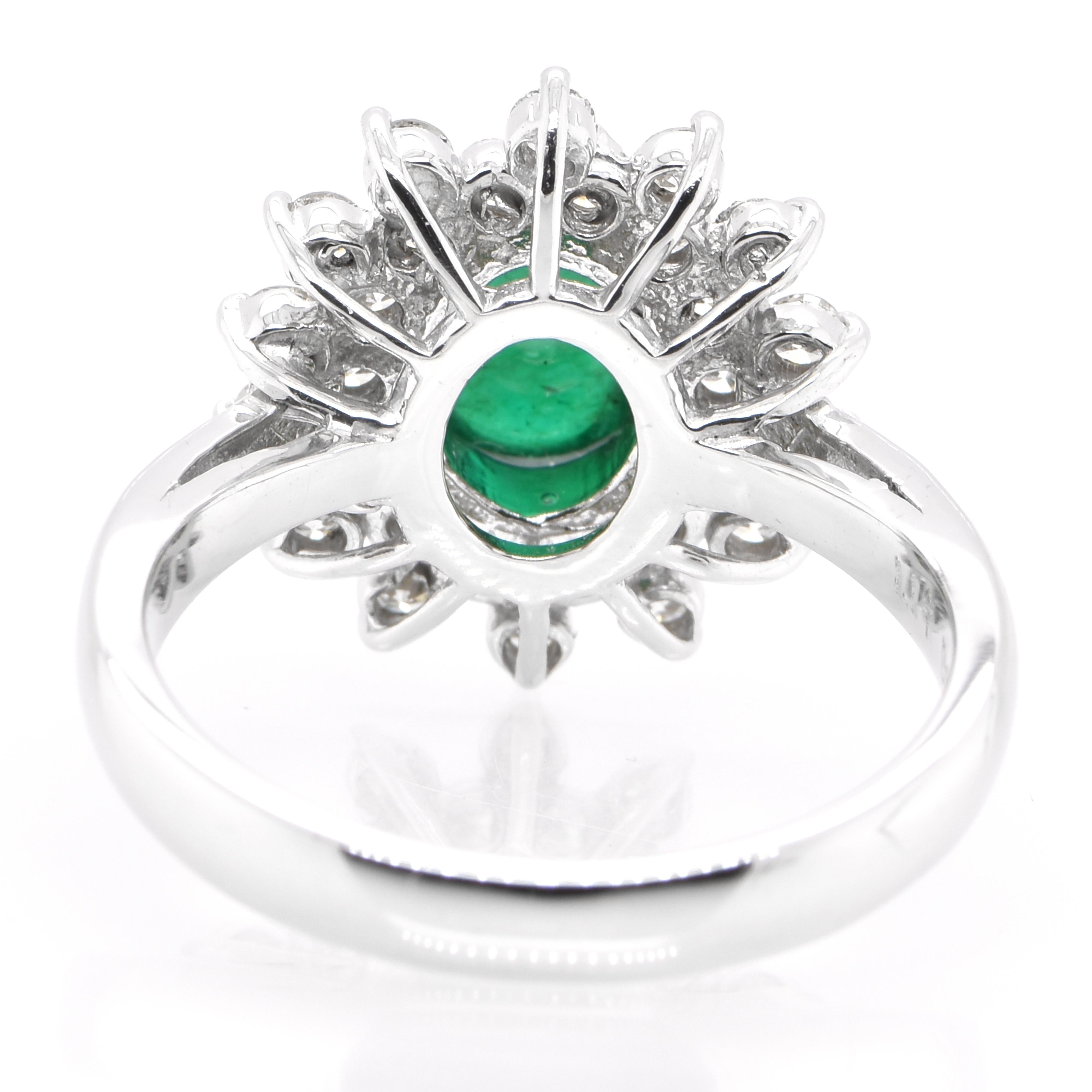 1.17 Carat Natural Emerald Cabochon and Diamond Ring Set in Platinum For Sale 1