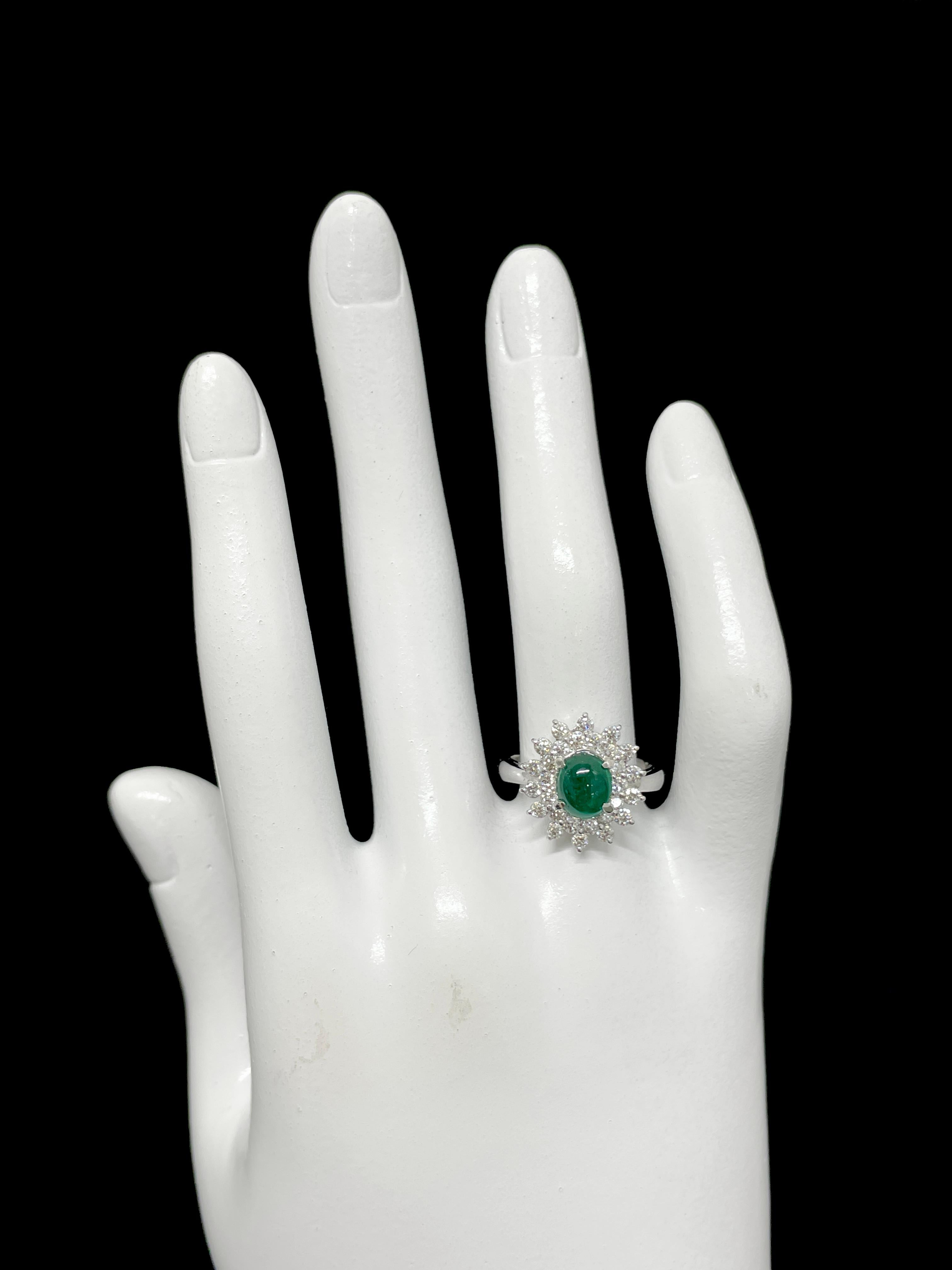 1.17 Carat Natural Emerald Cabochon and Diamond Ring Set in Platinum For Sale 2