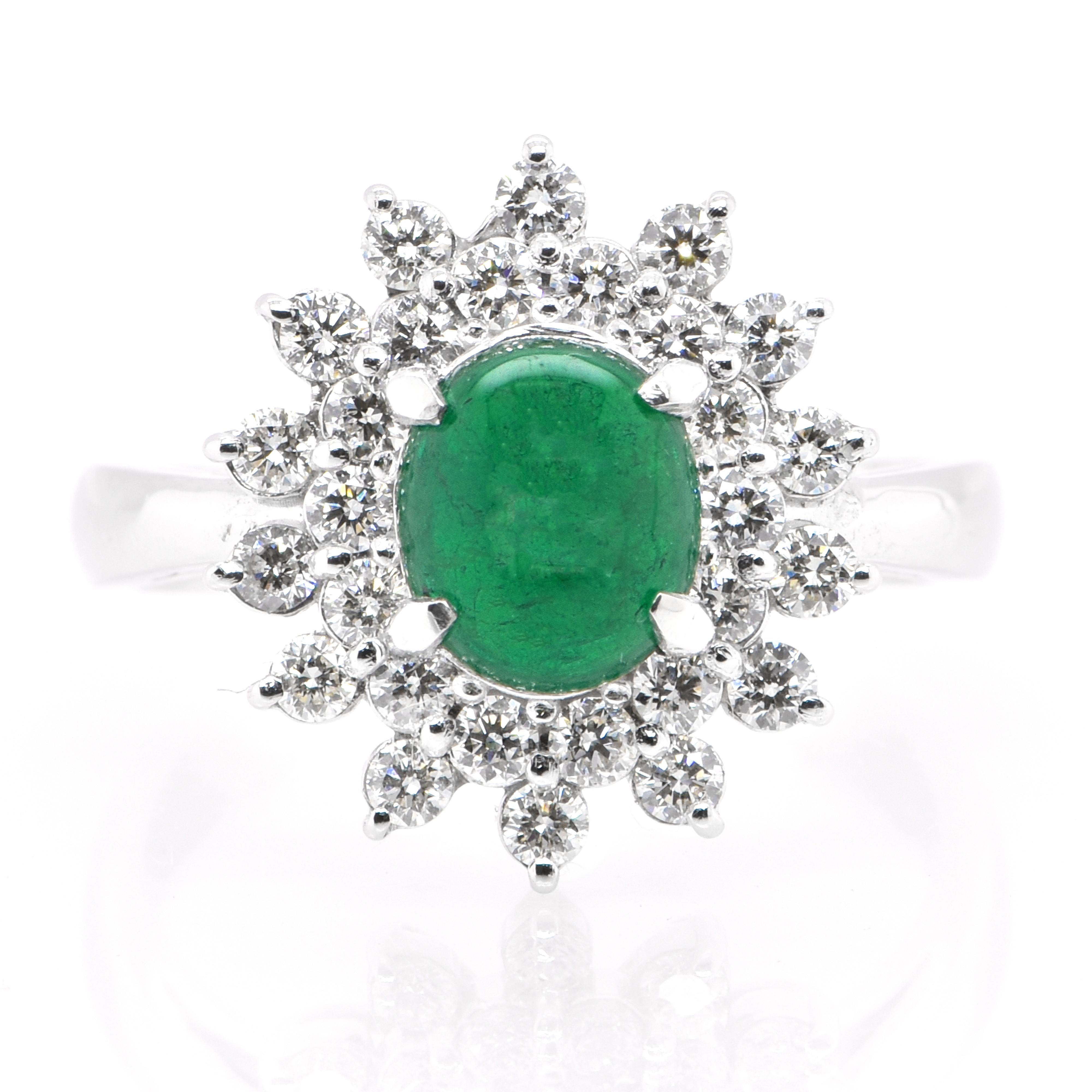 1.17 Carat Natural Emerald Cabochon and Diamond Ring Set in Platinum For Sale 3