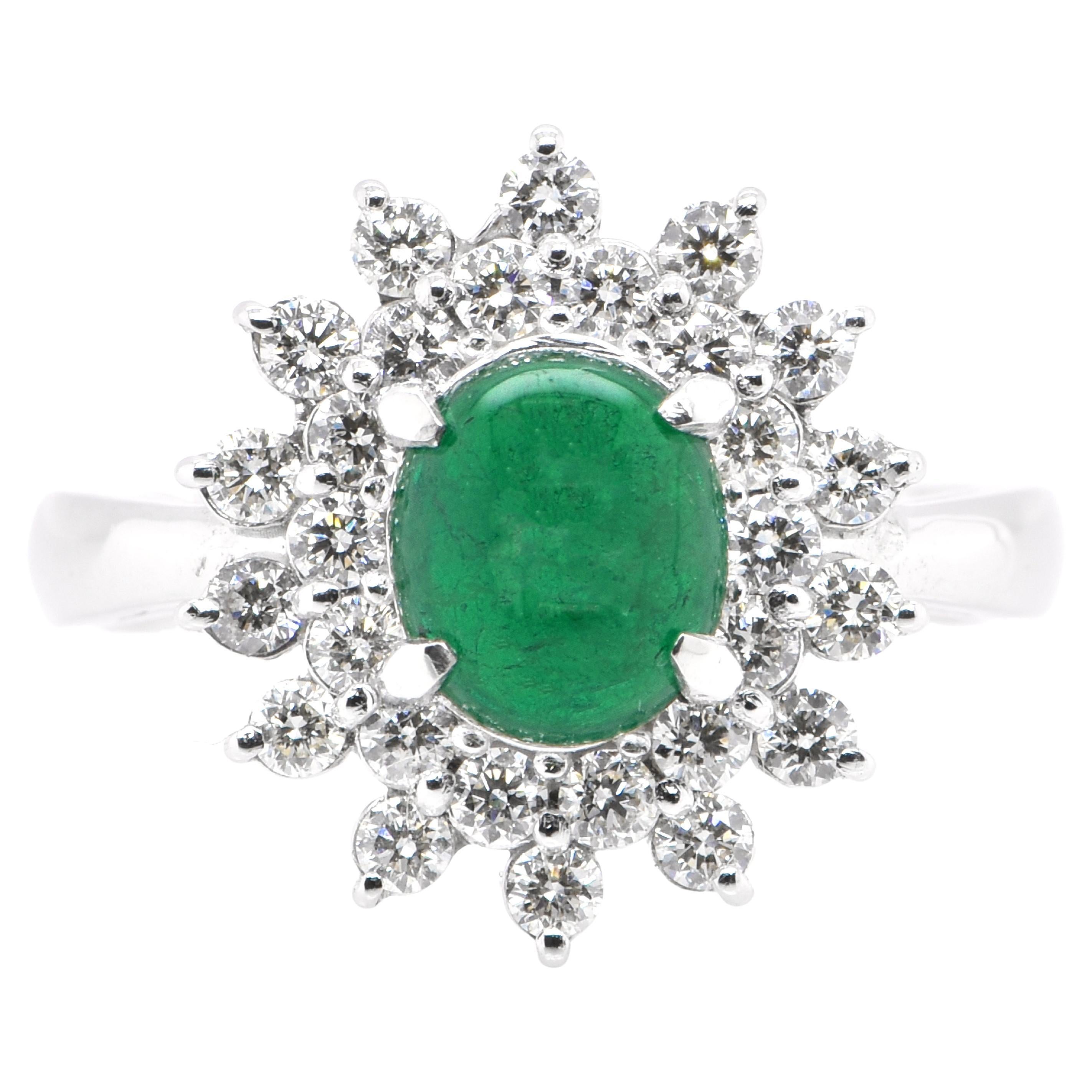 1.17 Carat Natural Emerald Cabochon and Diamond Ring Set in Platinum For Sale